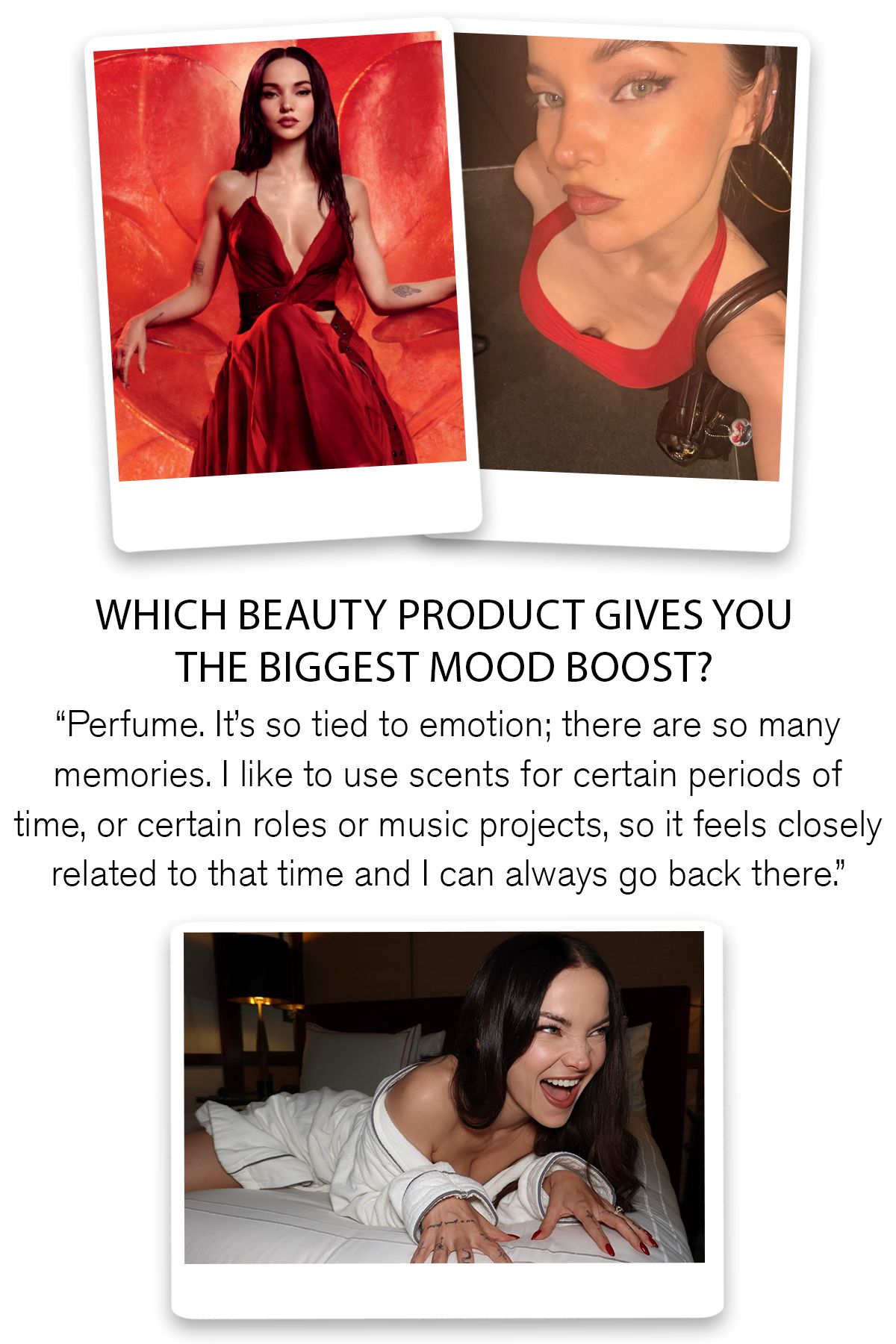 A collage of images of Dove Cameron with a quote about why perfume is her favourite beauty product when she needs a mood boost