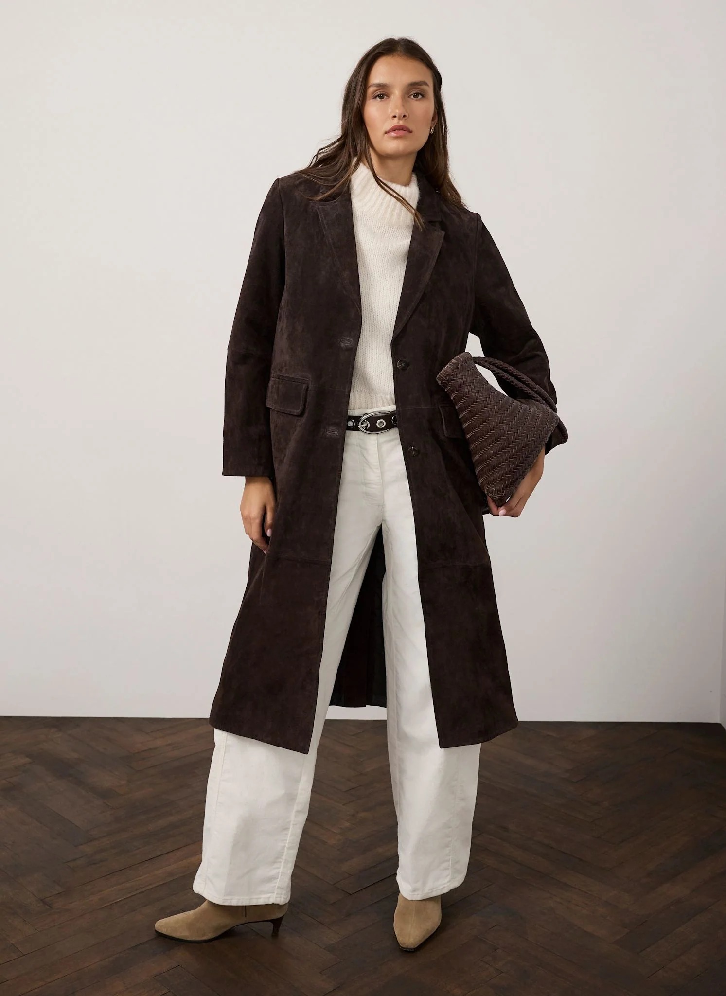 Mint Velvet, Brown Suede Single Breasted Longline Coat