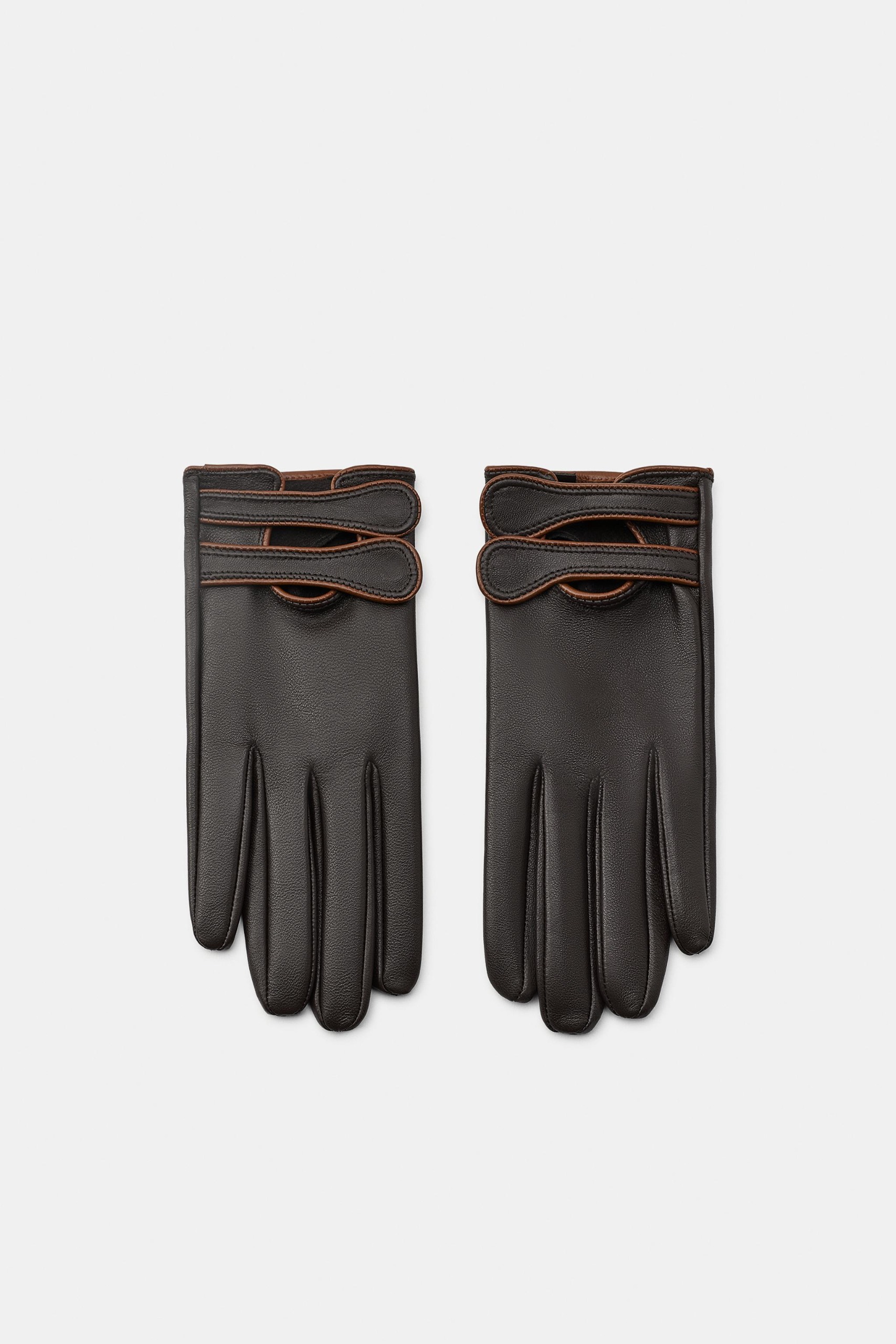 100% Leather Double Strap Gloves - Brown - S
