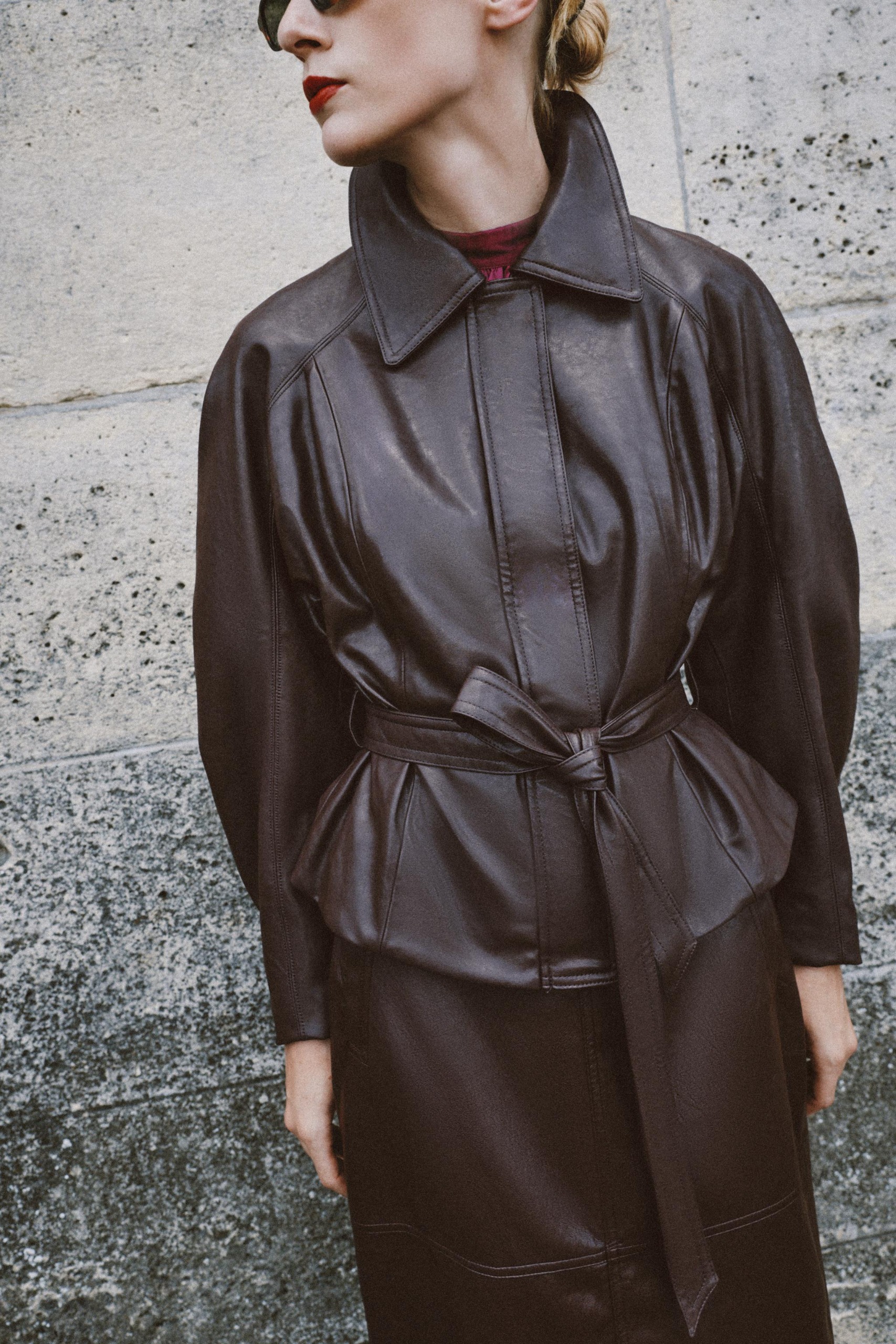 Leather Effect Belted Jacket - Black - Xs