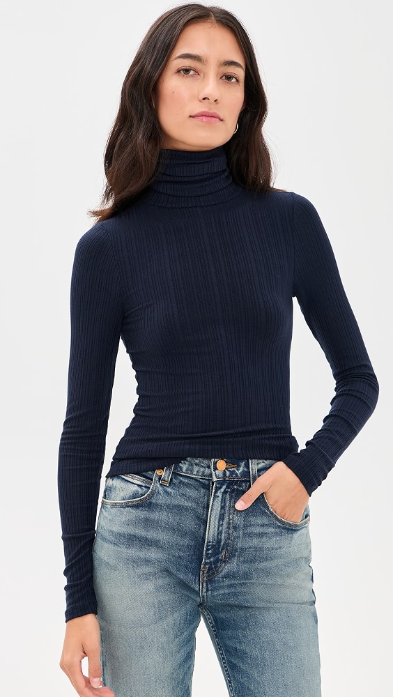 The Variegated Rib Turtleneck Tee - Navy