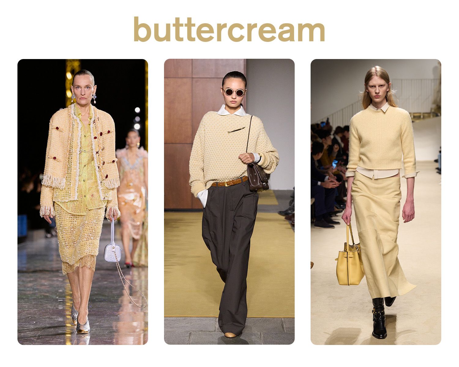 Collage of buttercream on the fall/winter 2026 runways.