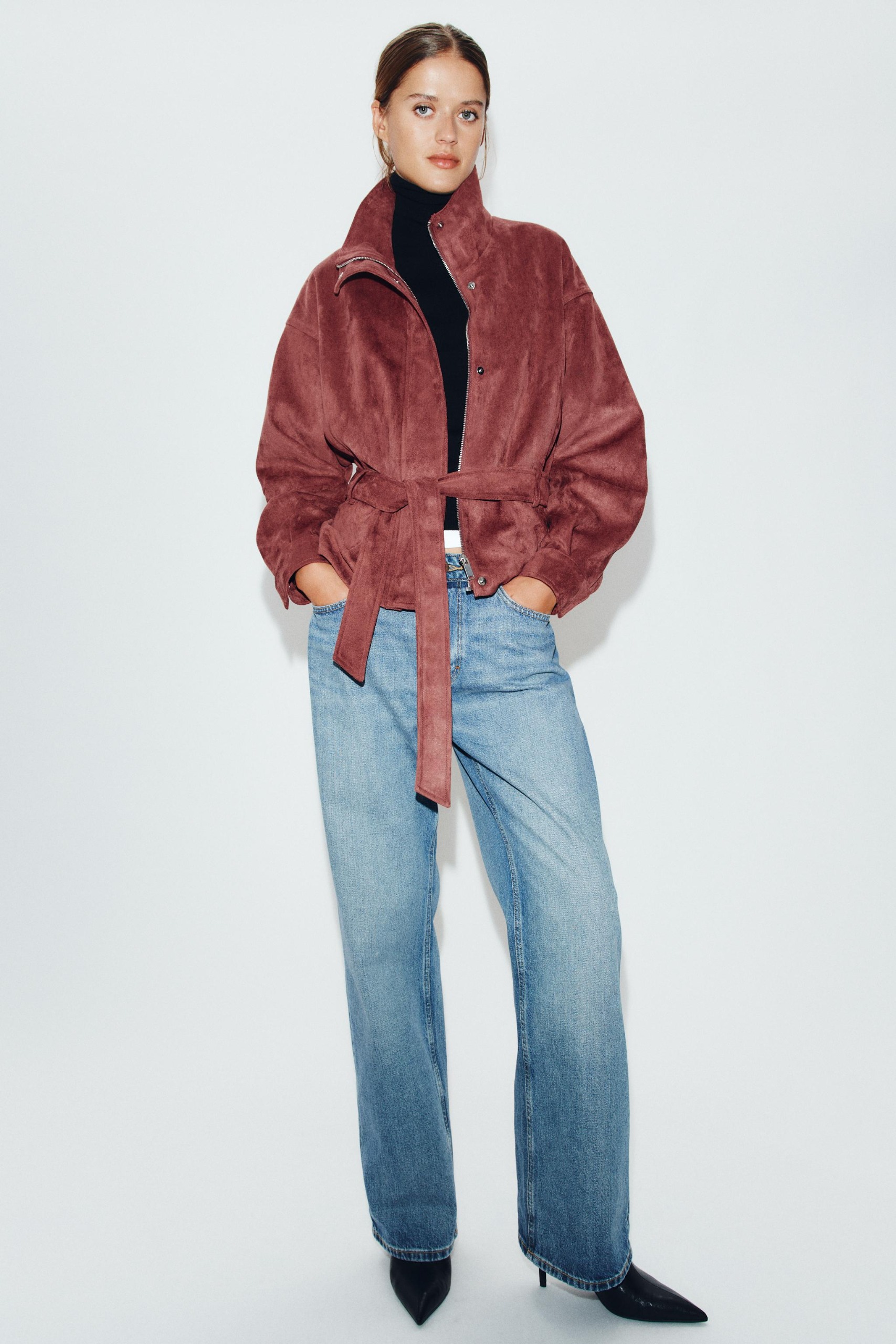 Suede-Effect Belted Jacket - Marsala - Xs