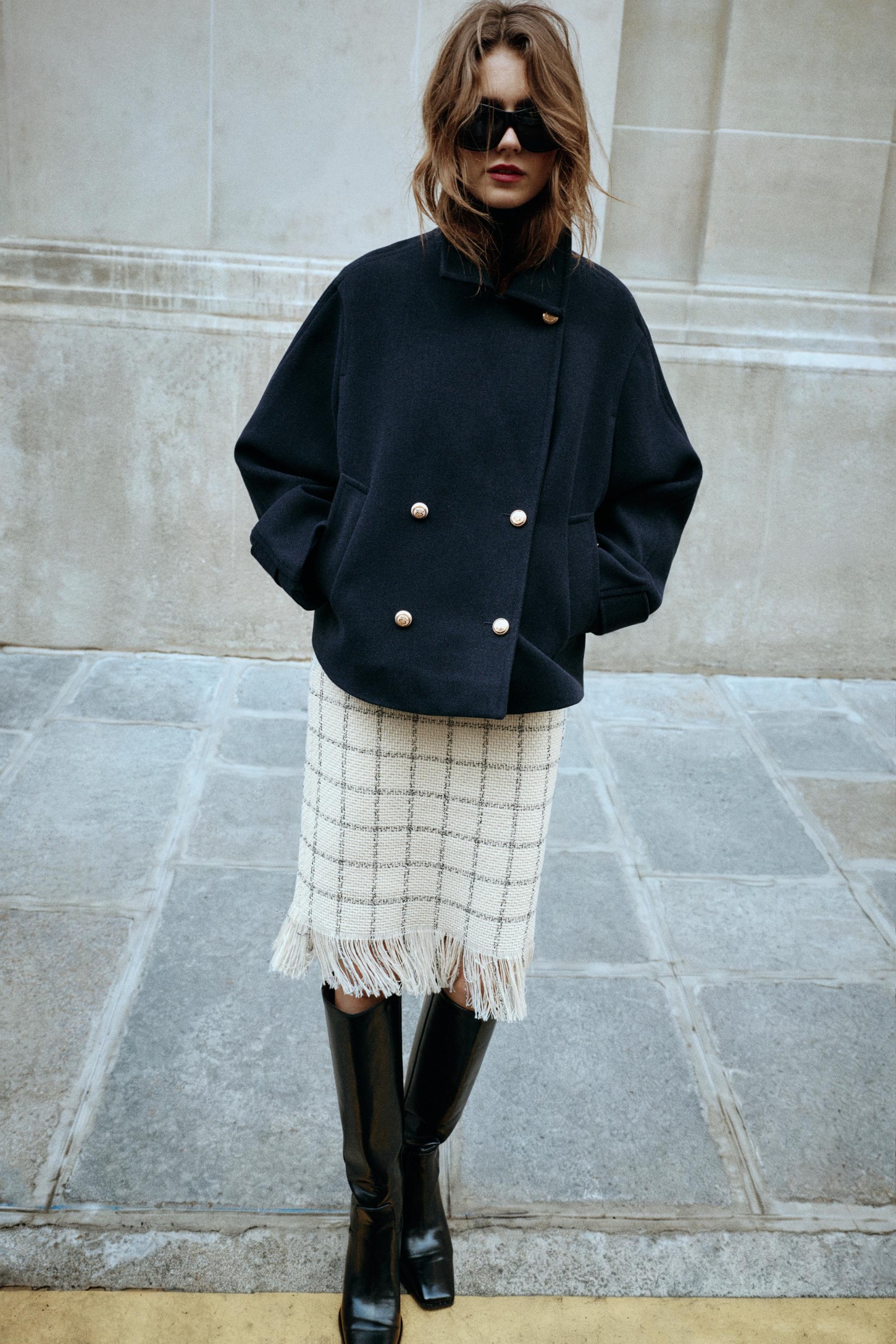 Fringed Midi Check Skirt - Ecru / Black - Xs