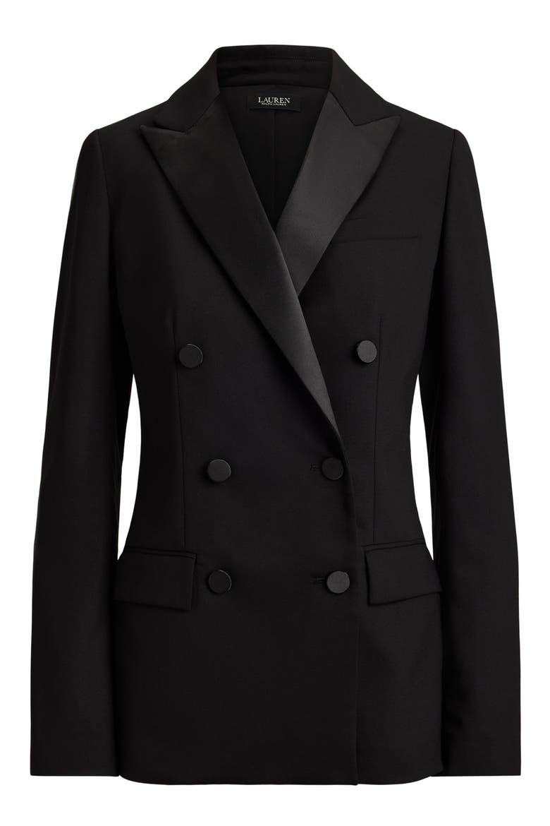 Satin-Trimmed Double Breasted Stretch Wool Blazer