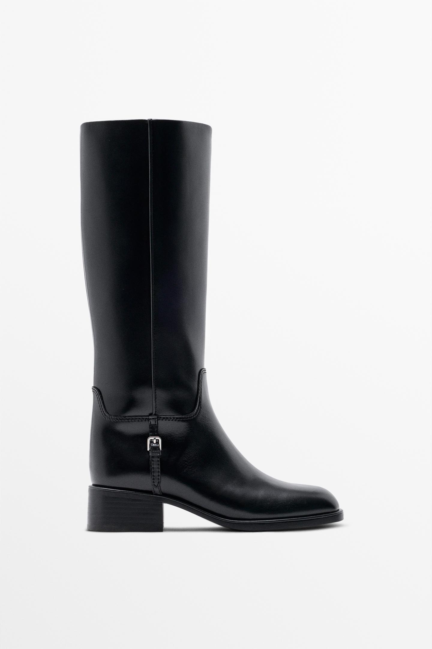 Massimo Dutti, Flat Leather Boots With Side Buckle