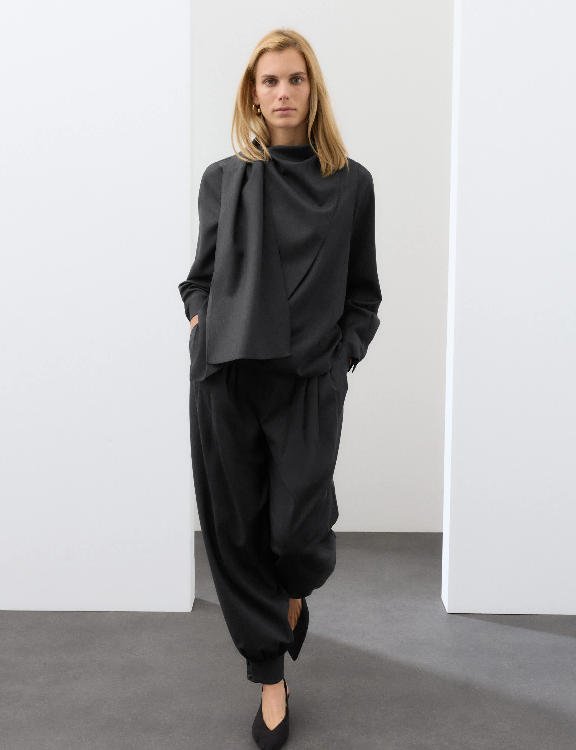 Wool Blend Draped Scarf Neck Blouse