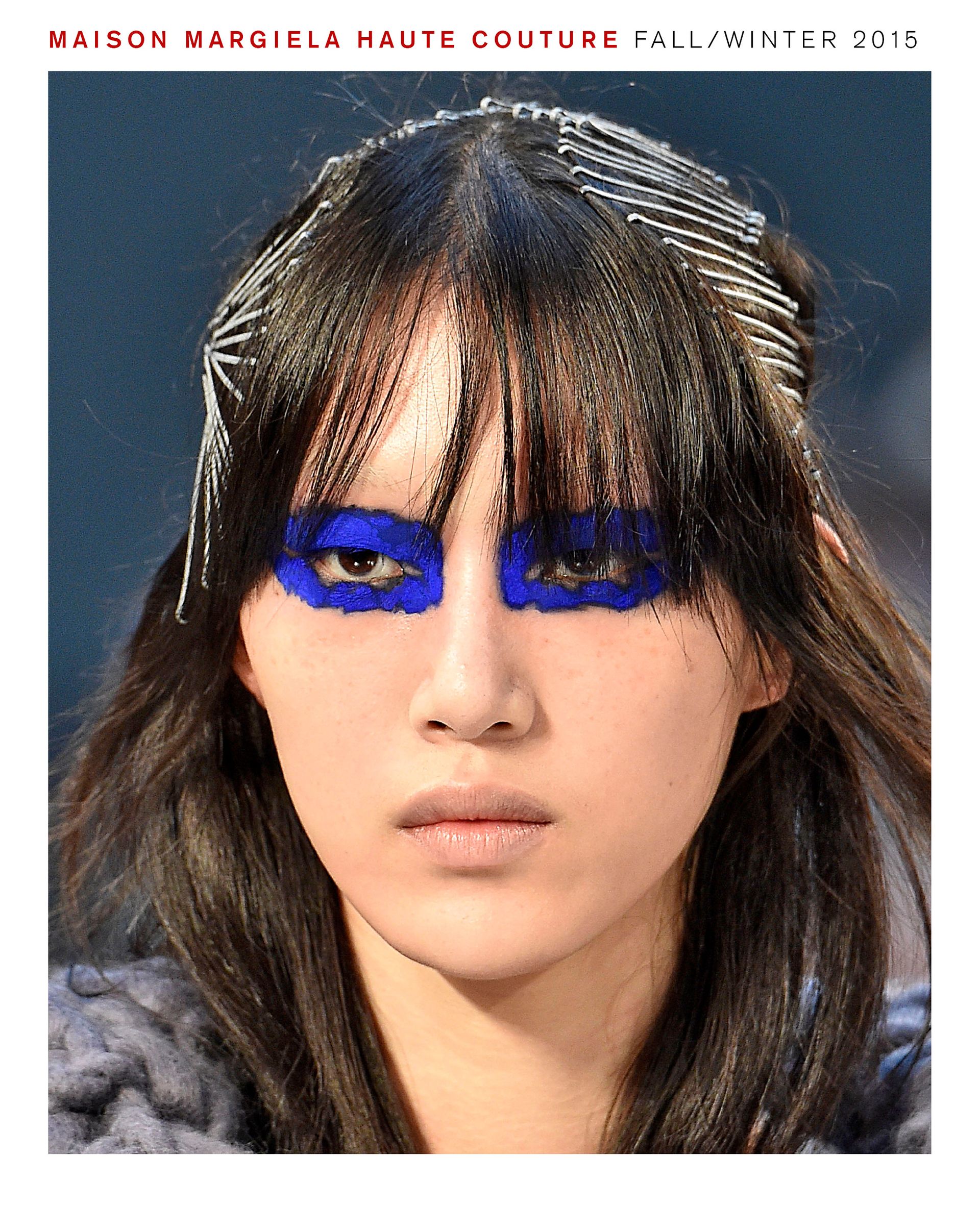Model wearing Pat McGrath makeup look for Maison Margiela Haute Couture fall/winter 2015 show.
