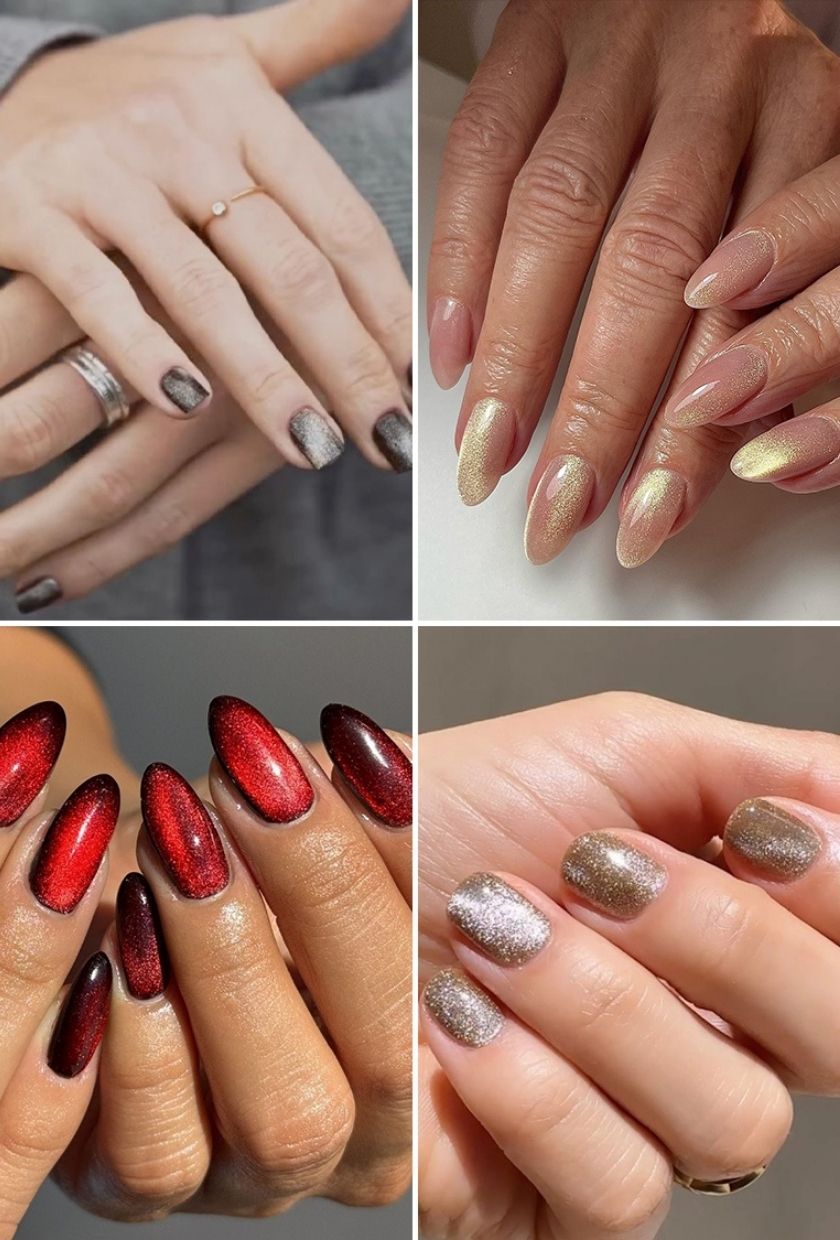 Close-up shots of charcoal grey, pinky-nude, red and gold velvet nails