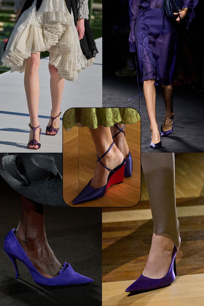 shoe color trends fall 2026 shown in a collage of runway images depicting footwear in royal purple color