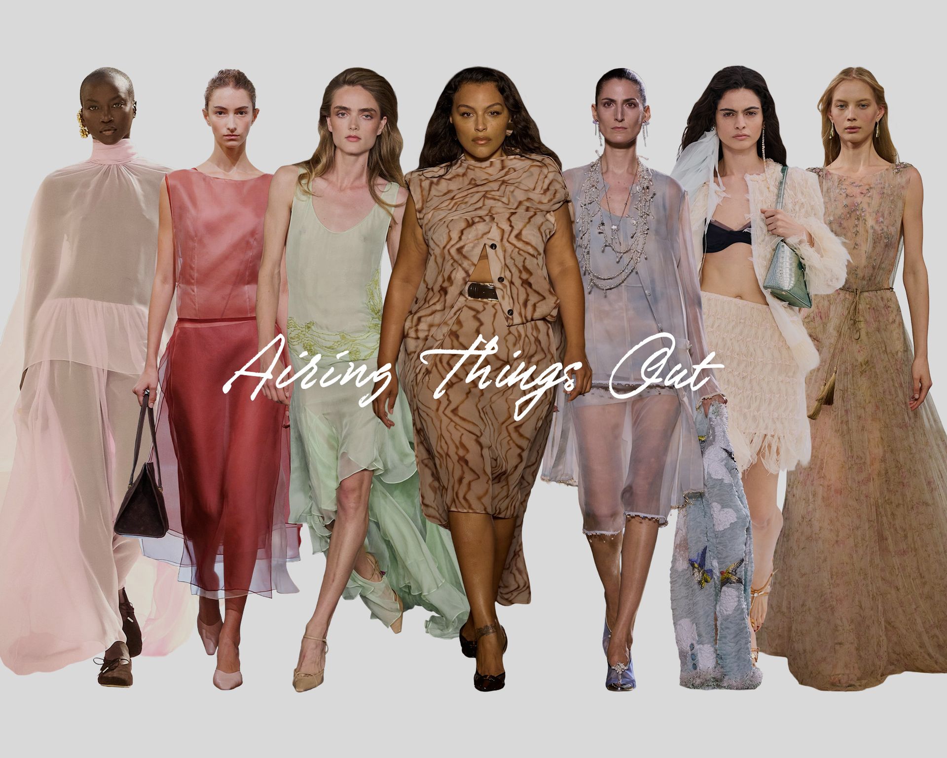 Collage of models wearing trends on the spring/summer 2027 runways.