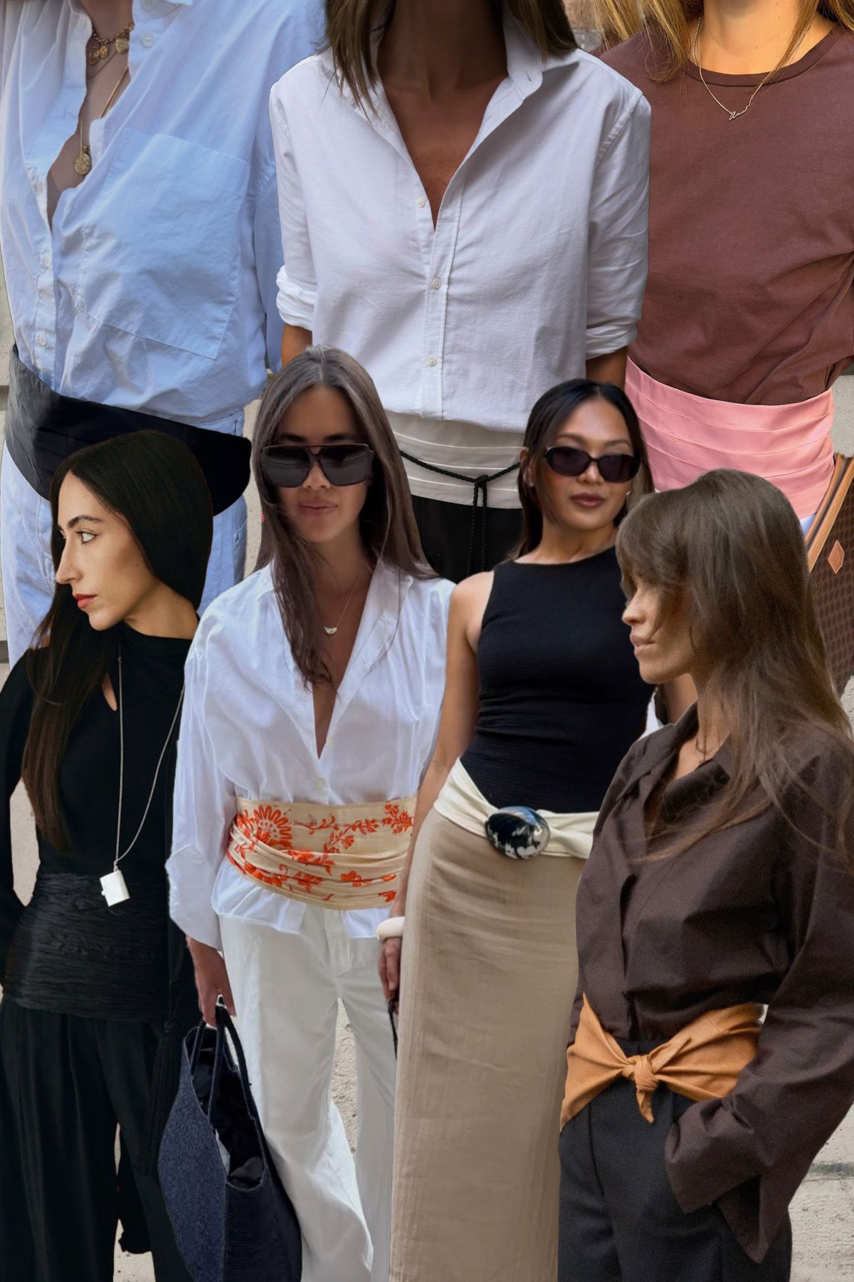 A collage of influencers wearing the cummerbund fashion trend.