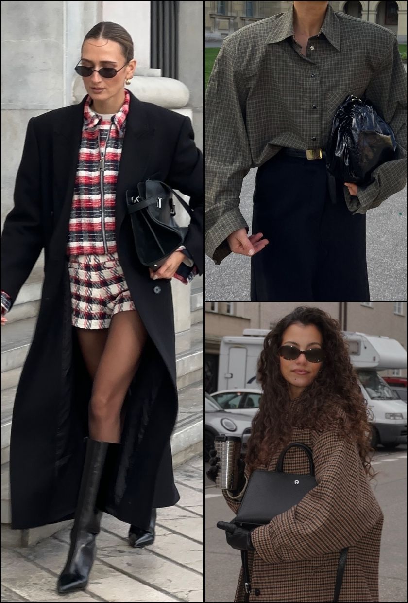 @immegii wears a red check jacket and short with a black coat and boots, @annaaborisovna wears a green check shirt with black trousers, @courtney__flowers wears a brown check coat and leather tote