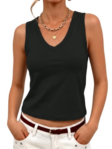 Prettywear Women's V Neck Cropped Tank Tops Cotton Blend Sleeveless T Shirt