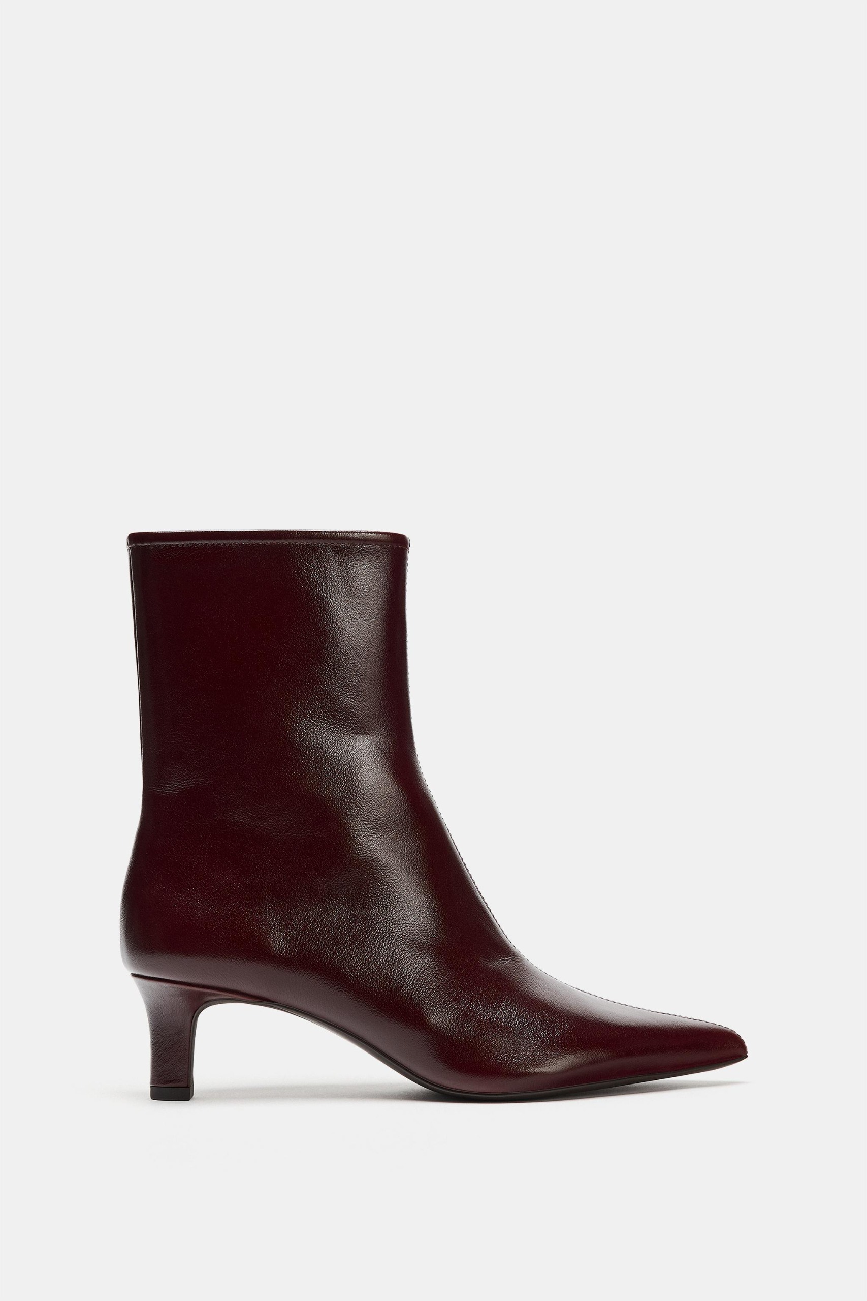 Leather Wide Kitten Heel Ankle Boots - Burgundy Red - 5
