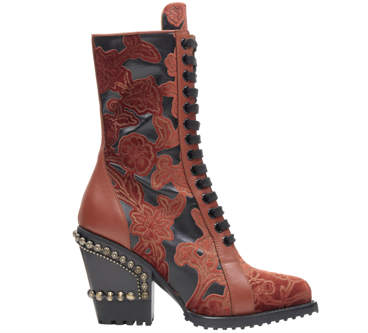 Chloe Runway Rylee black red floral embroidery studded heel devore boot in red and black.