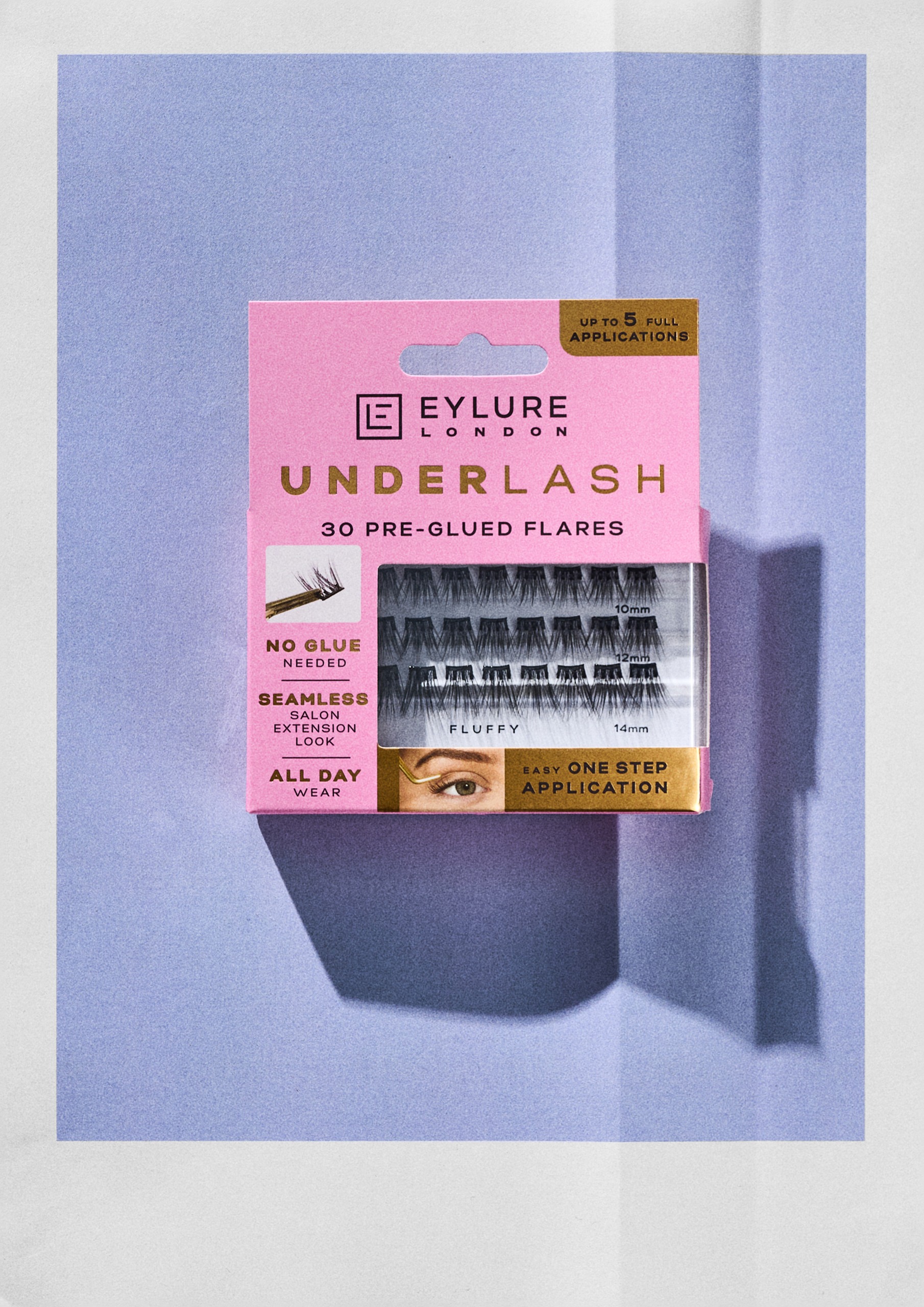 Eylure London Underlash Pre-Glued Clusters Fluffy on a blue background