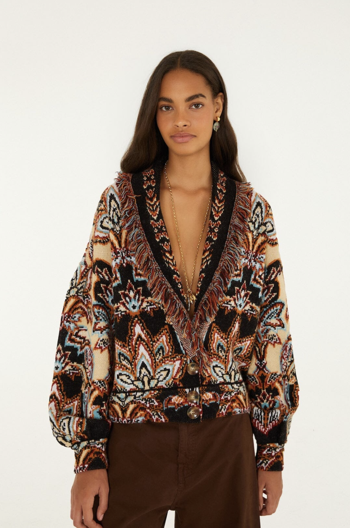 FARM RIO, Tapestry Dream Fringe Knit Cardigan