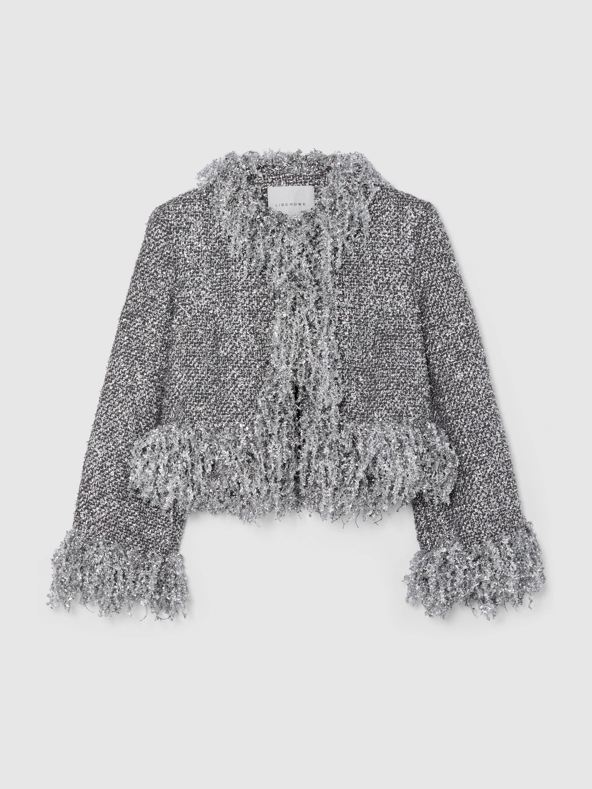 Silver Metallic Cropped Fringe Jacket