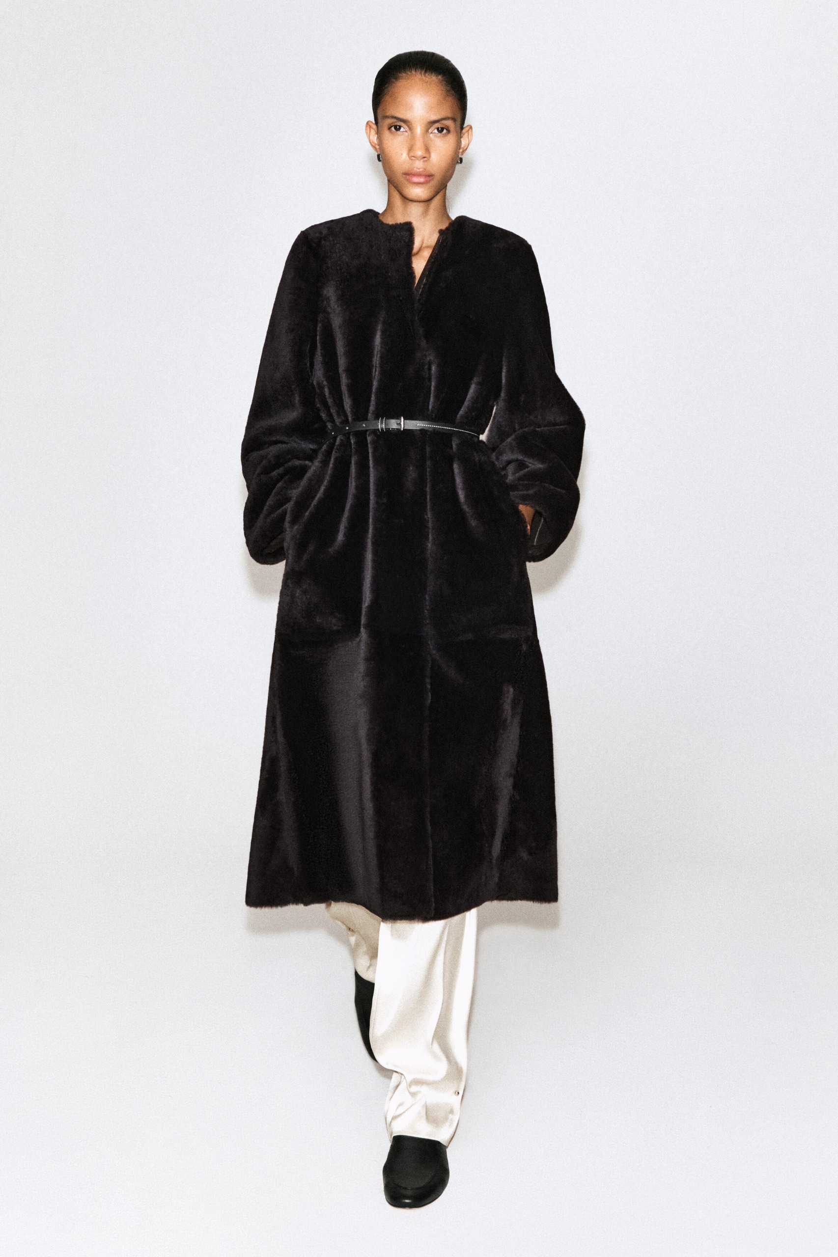 Collarless Shearling Coat