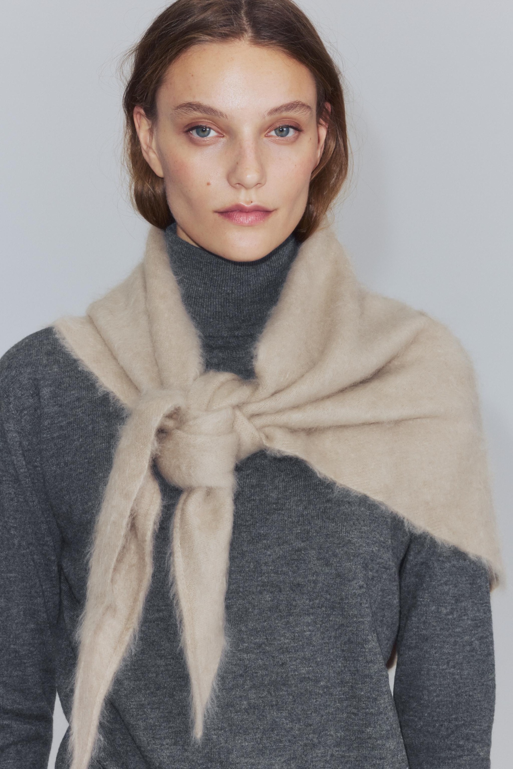 Brushed Effect 100% Wool Triangular Scarf - Light Camel - M