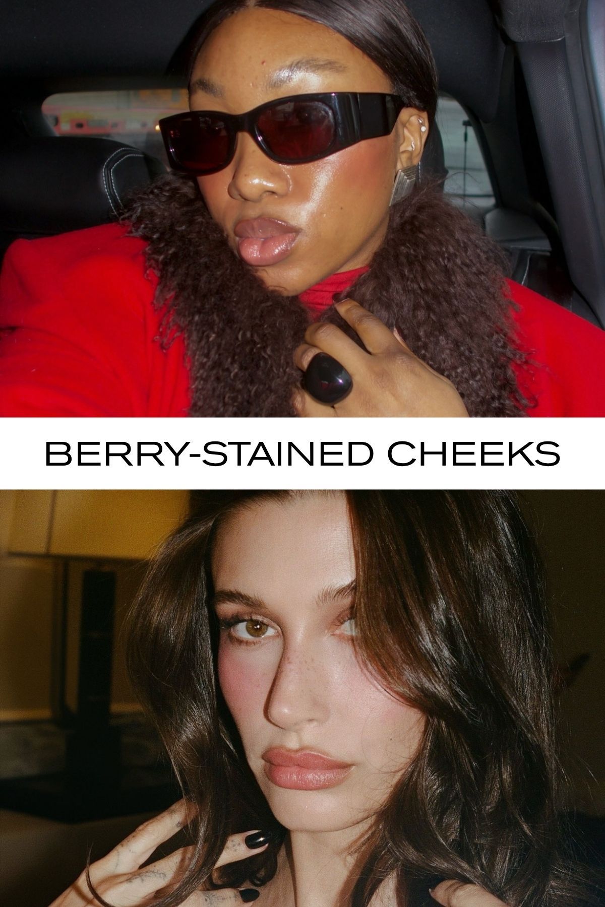 A picture of creator @nnennaechem and Hailey Bieber wearing berry blusher with the text