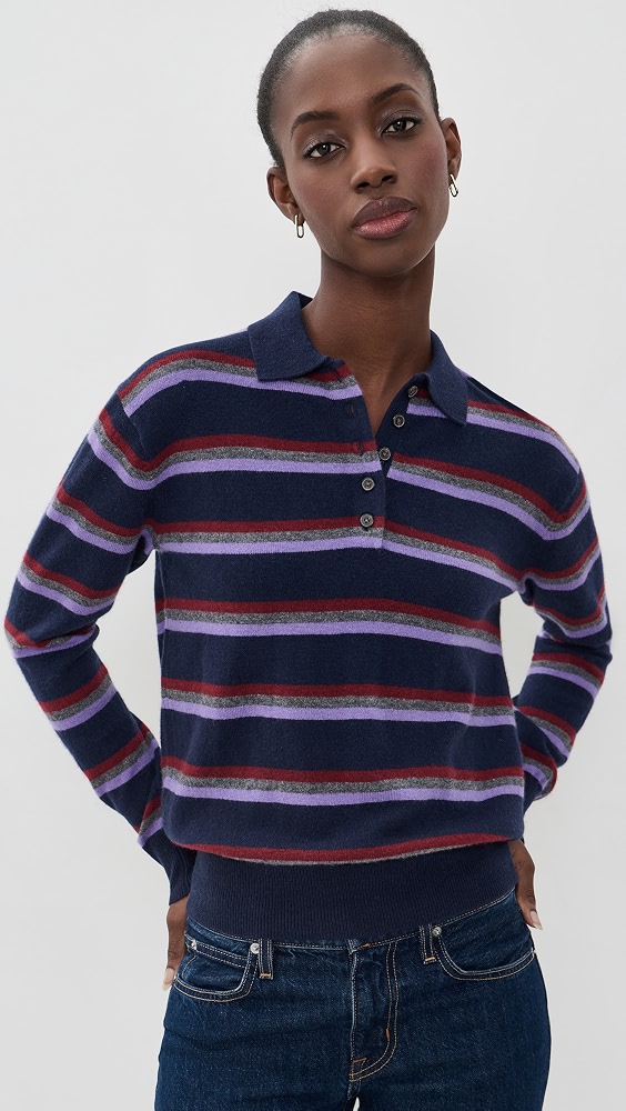 Polo Sweater in Soft Wool - Navy and Merlot Multi Stripe