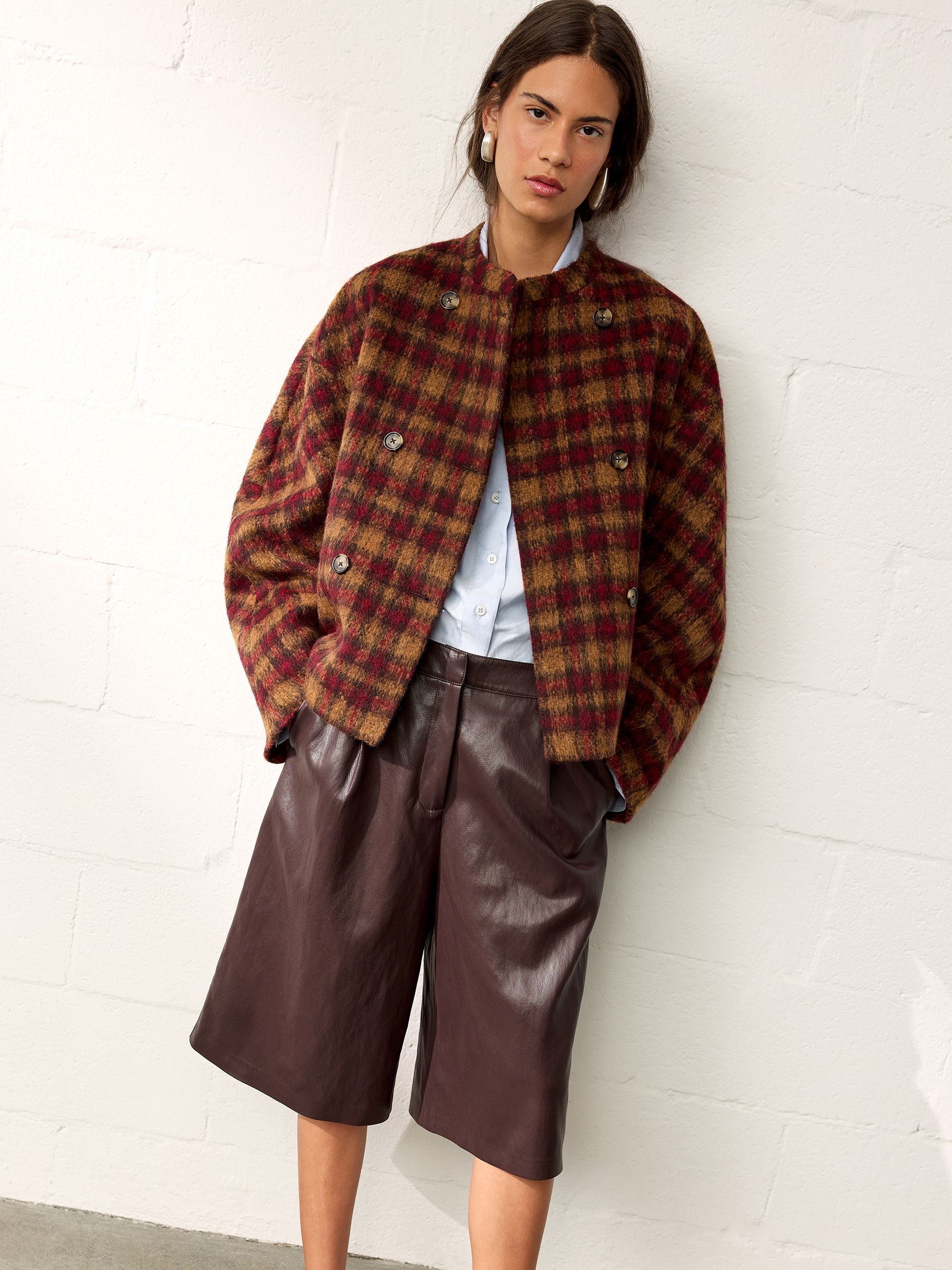 Bhoem Multi Checked Mao Collar Jacket With Wool - Size S