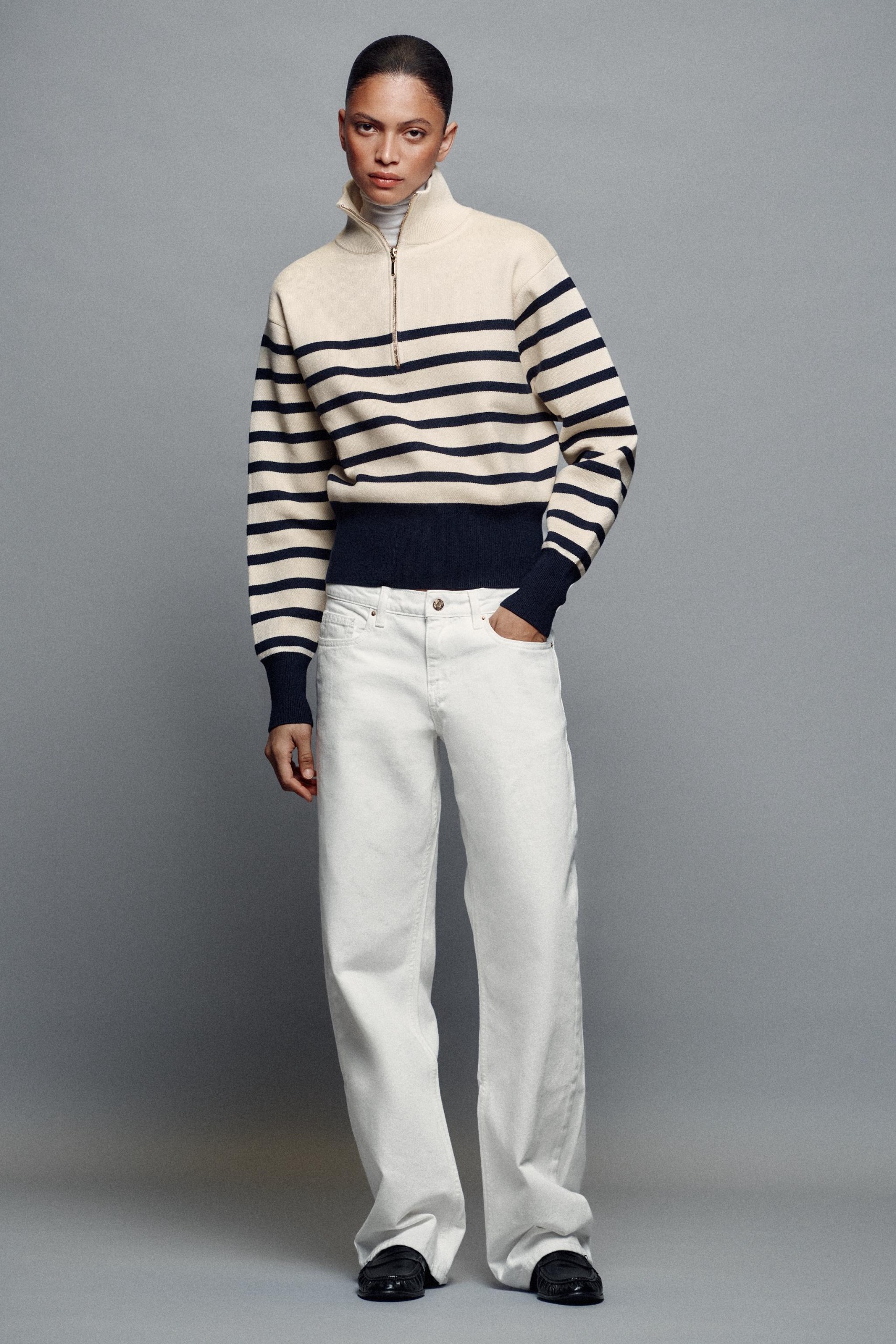 High Neck Knit Jumper - Striped - S