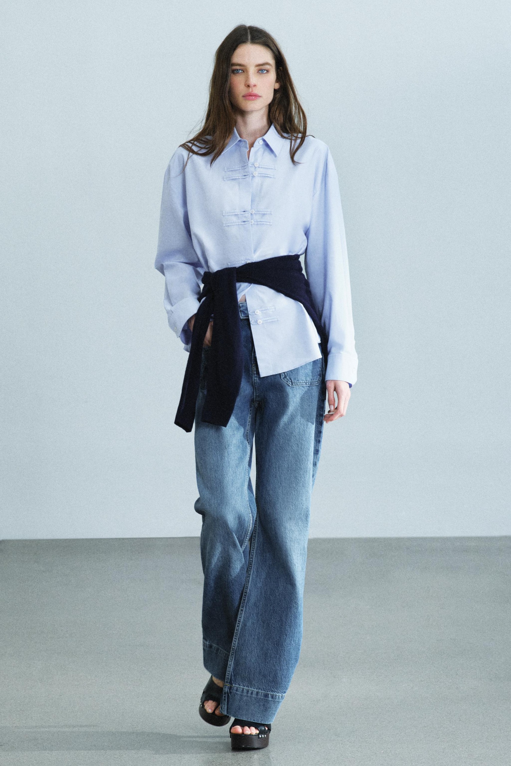 Zw Collection Oxford Shirt With Frog Fastening - Sky Blue - Xs