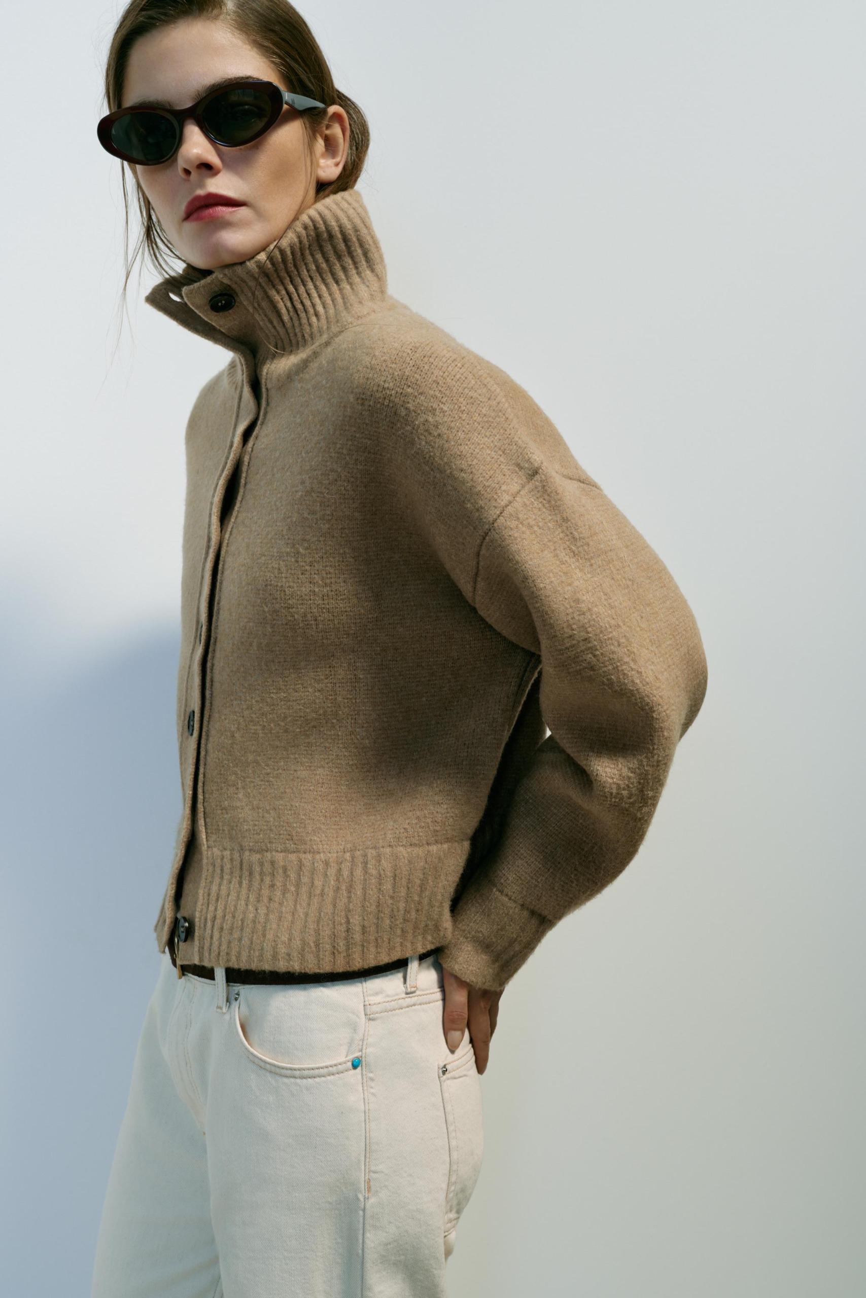 High Neck Cardigan - Camel - S