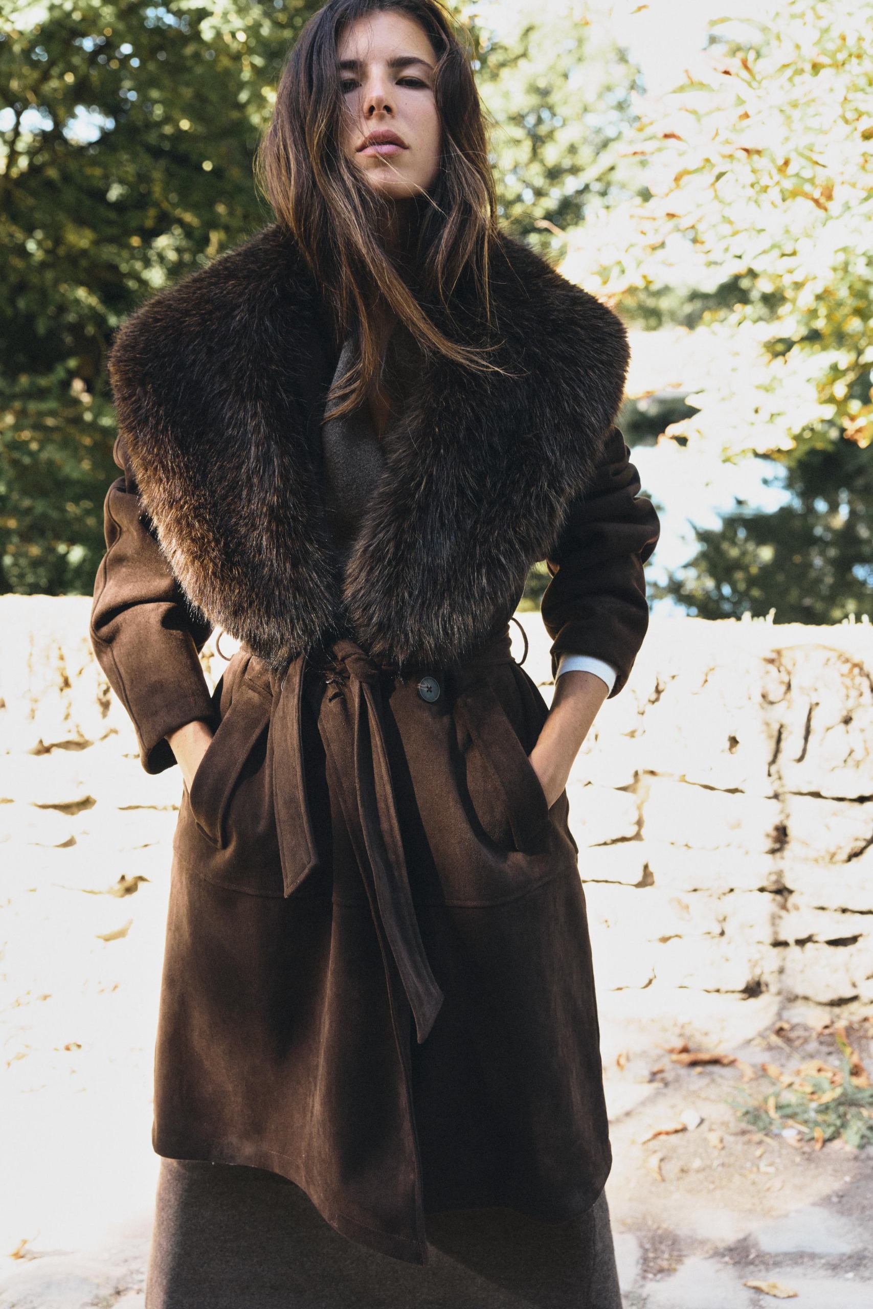 Zara Faux Fur Collar Belted Coat - Brown - Xs