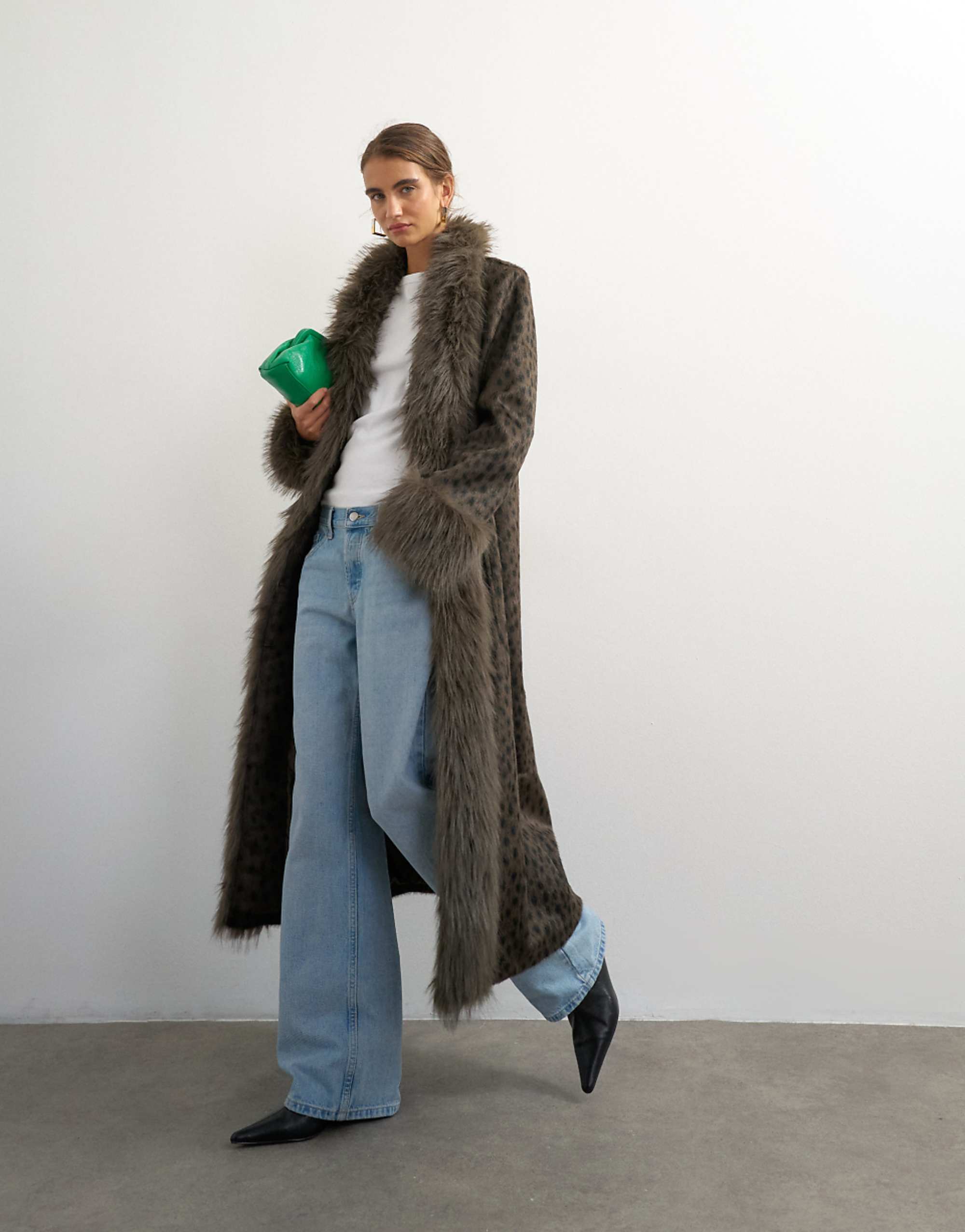 Topshop Faux Fur Animal Print Longline Coat in Grey