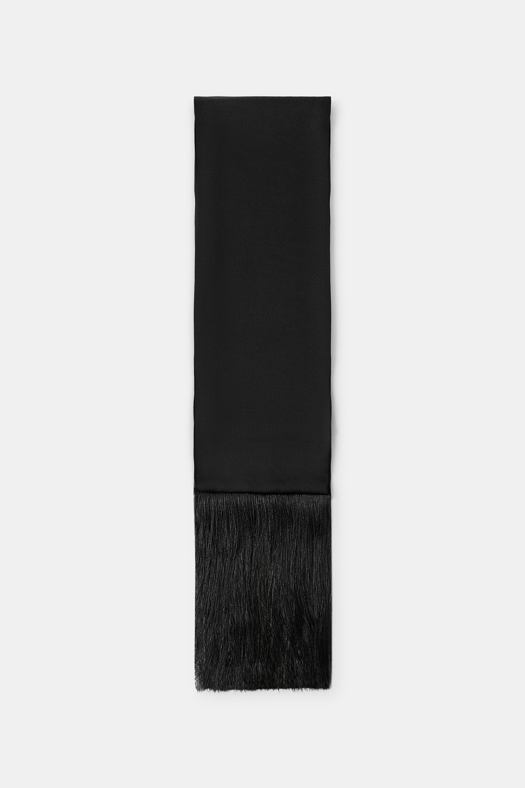 Fringed Tie-Style Scarf - Black - M