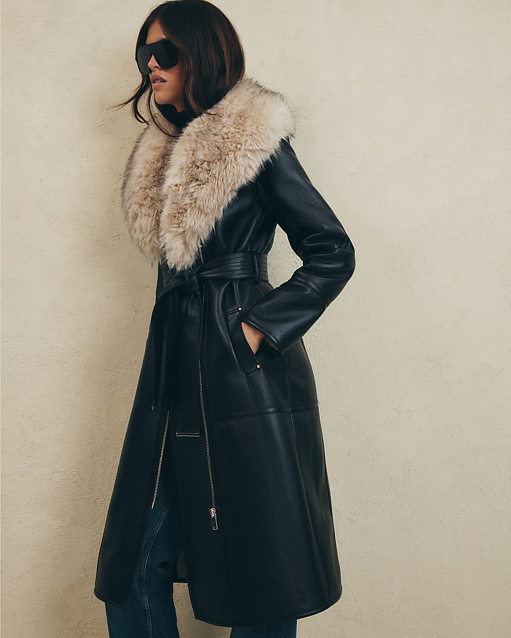 River Island, Brown Leopard Print Shearling Trench Coat