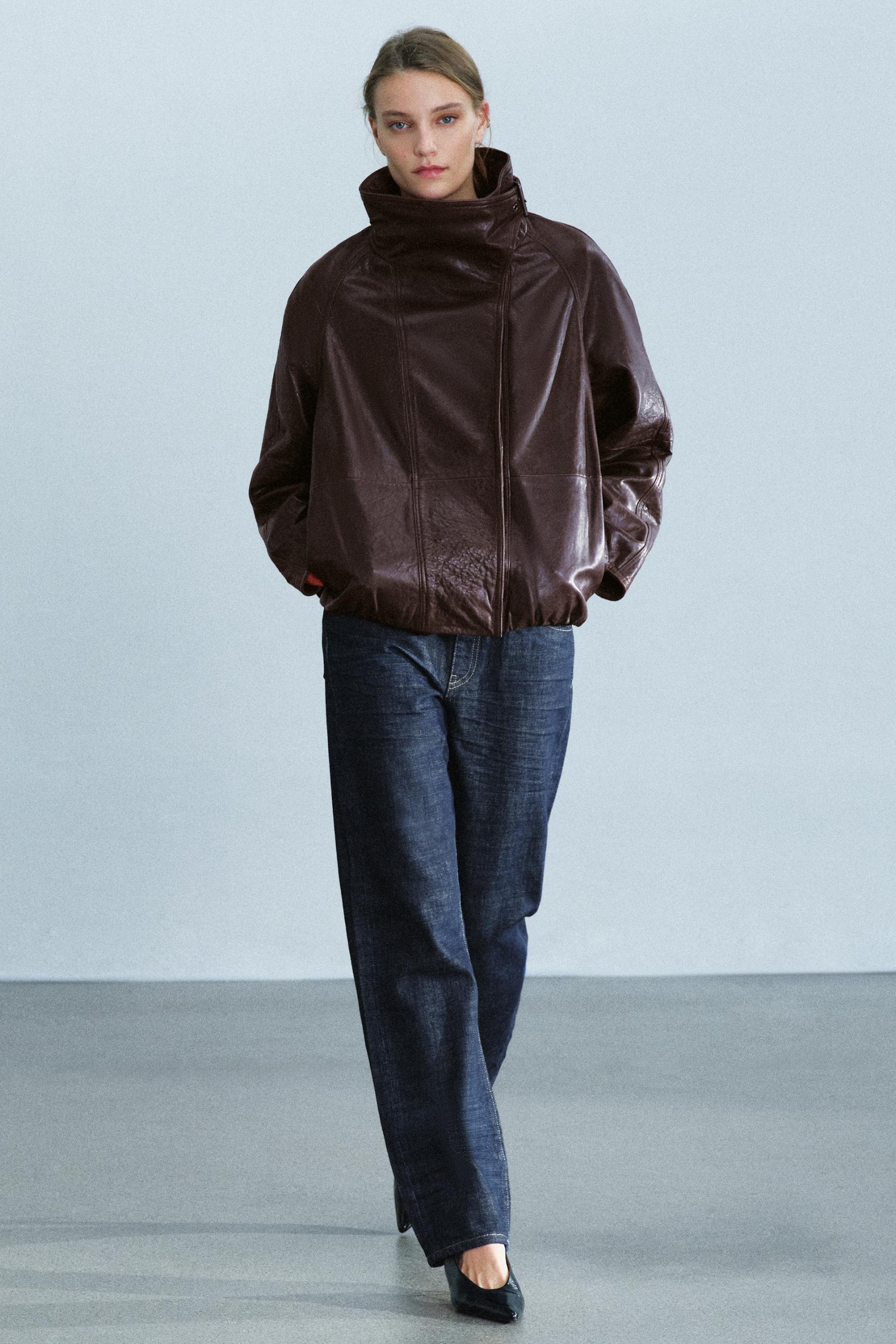 Zw Collection 100% Leather Jacket With Raised Collar - Brown - Xs