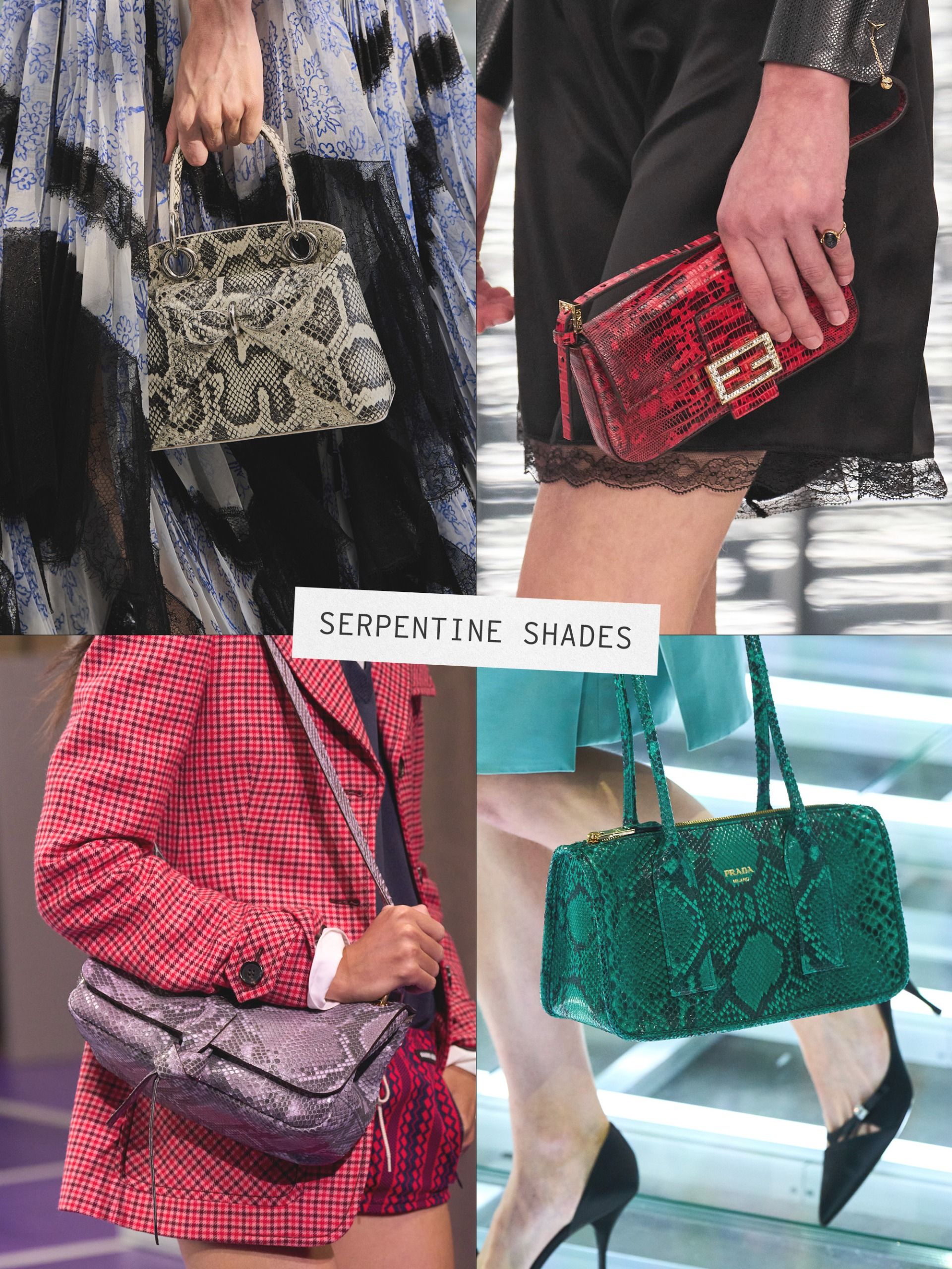 A collage of runway images featuring the major handbag trends of spring/summer 2027.