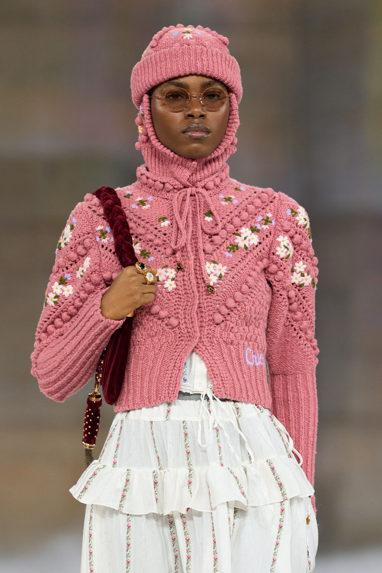 Chlo&eacute; model wears pink cardigan