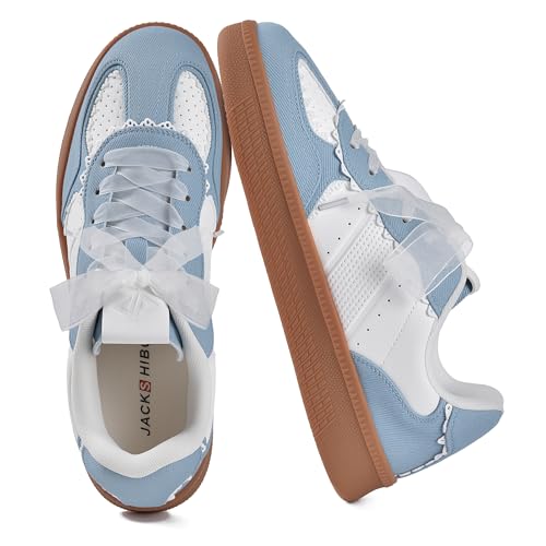 Jackshibo Women's Ribbon Lace-Up Fashion Sneakers Tennis Walking Shoes Blue