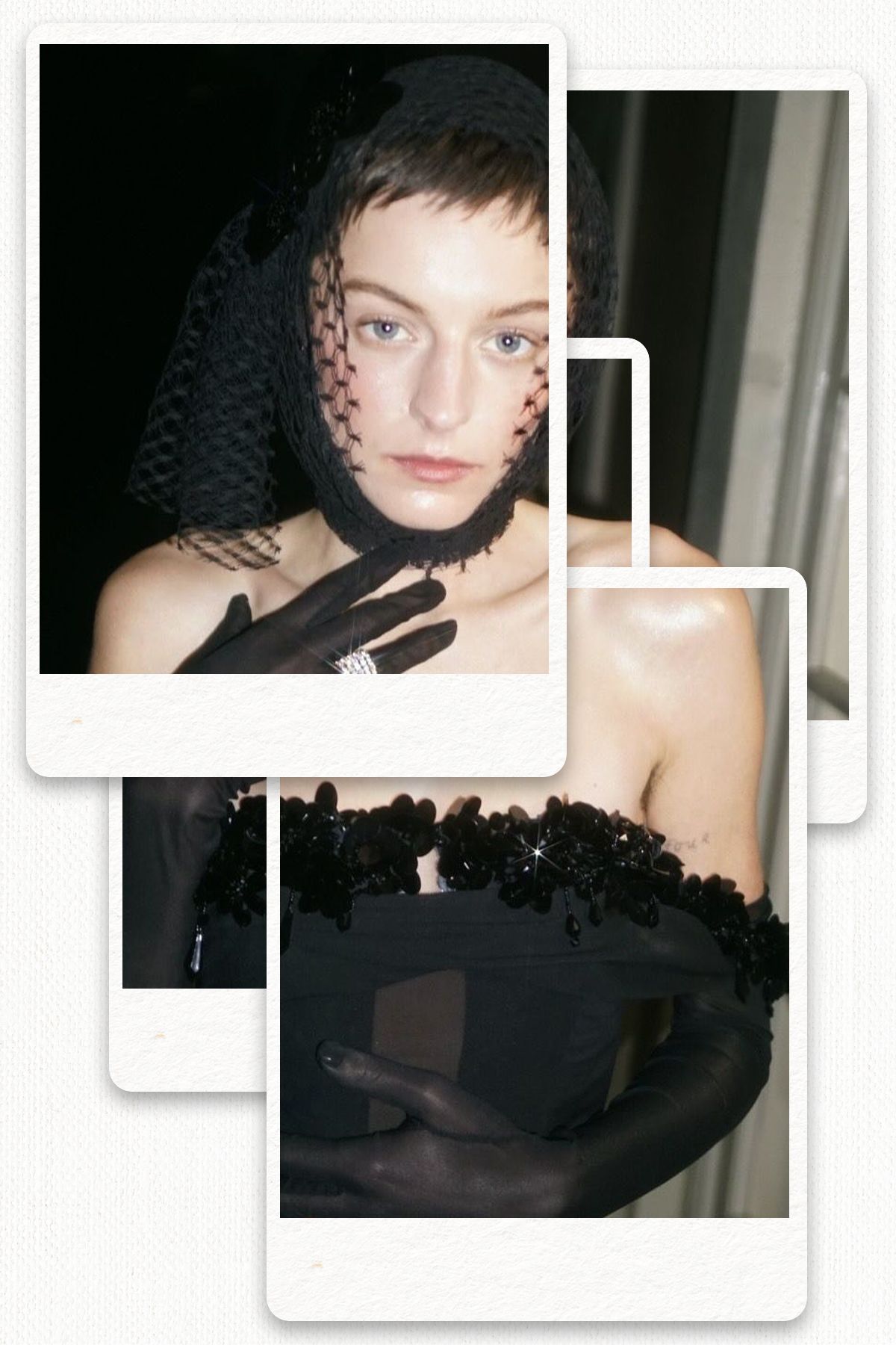 Emma Corrin wearing a black strapless dress with  a matching lace headpiece