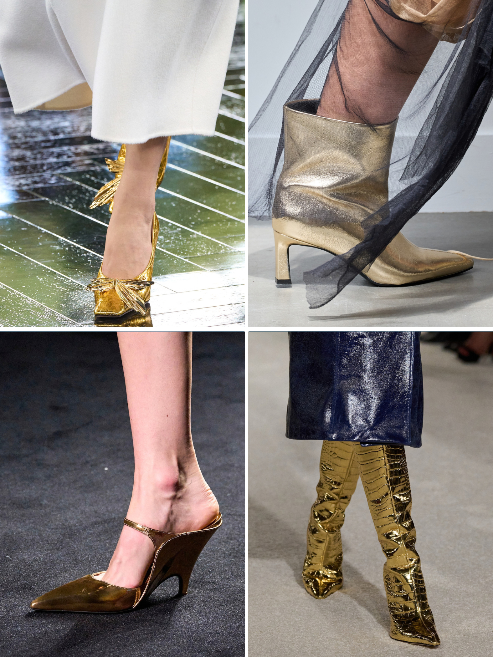 A selection of gold shoes and boots as seen on the autumn/winter 2026 runways