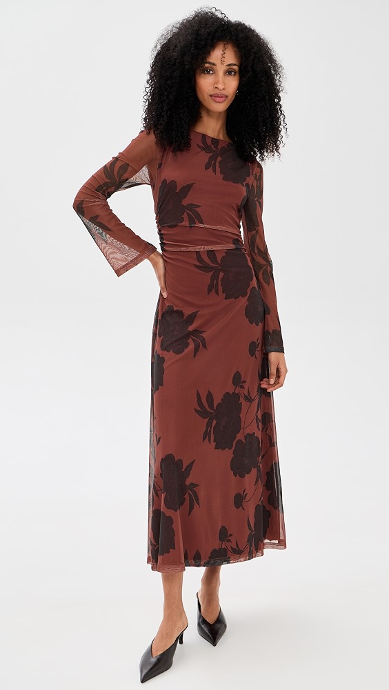 Imani Mesh Midi Dress - Rust/floral