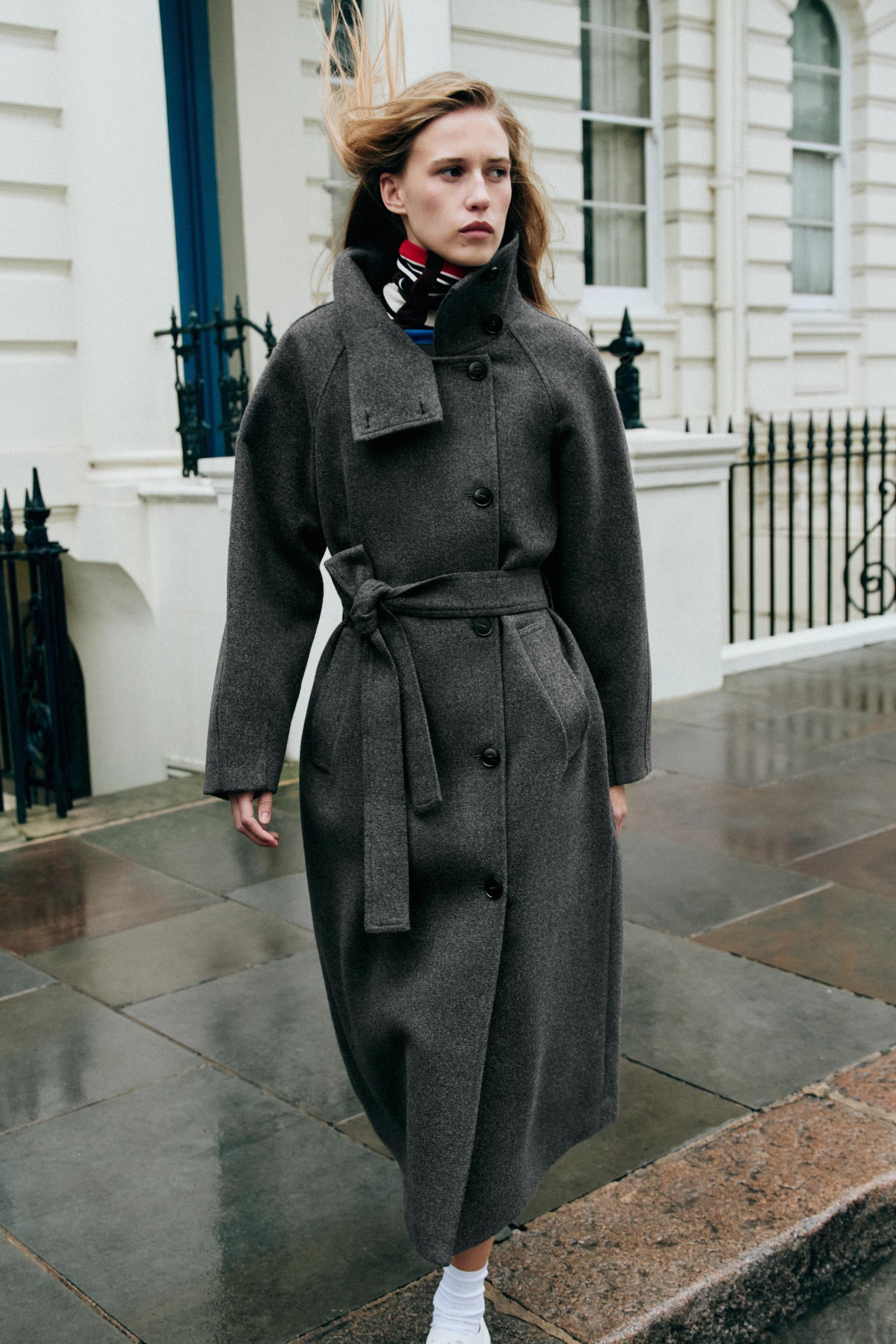 High Neck Belted Coat - Grey - Xs