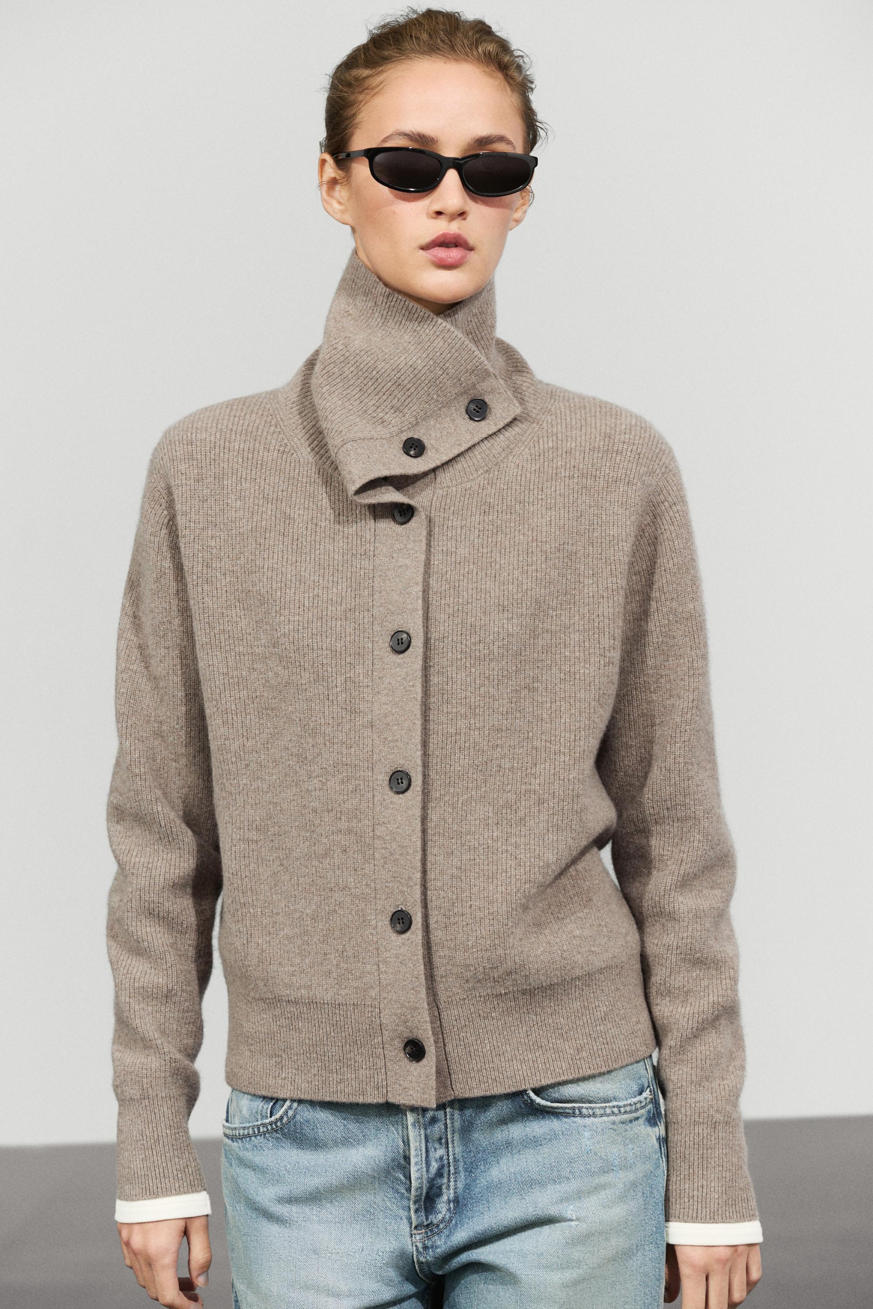 Purl Knit Cardigan With Funnel Neck