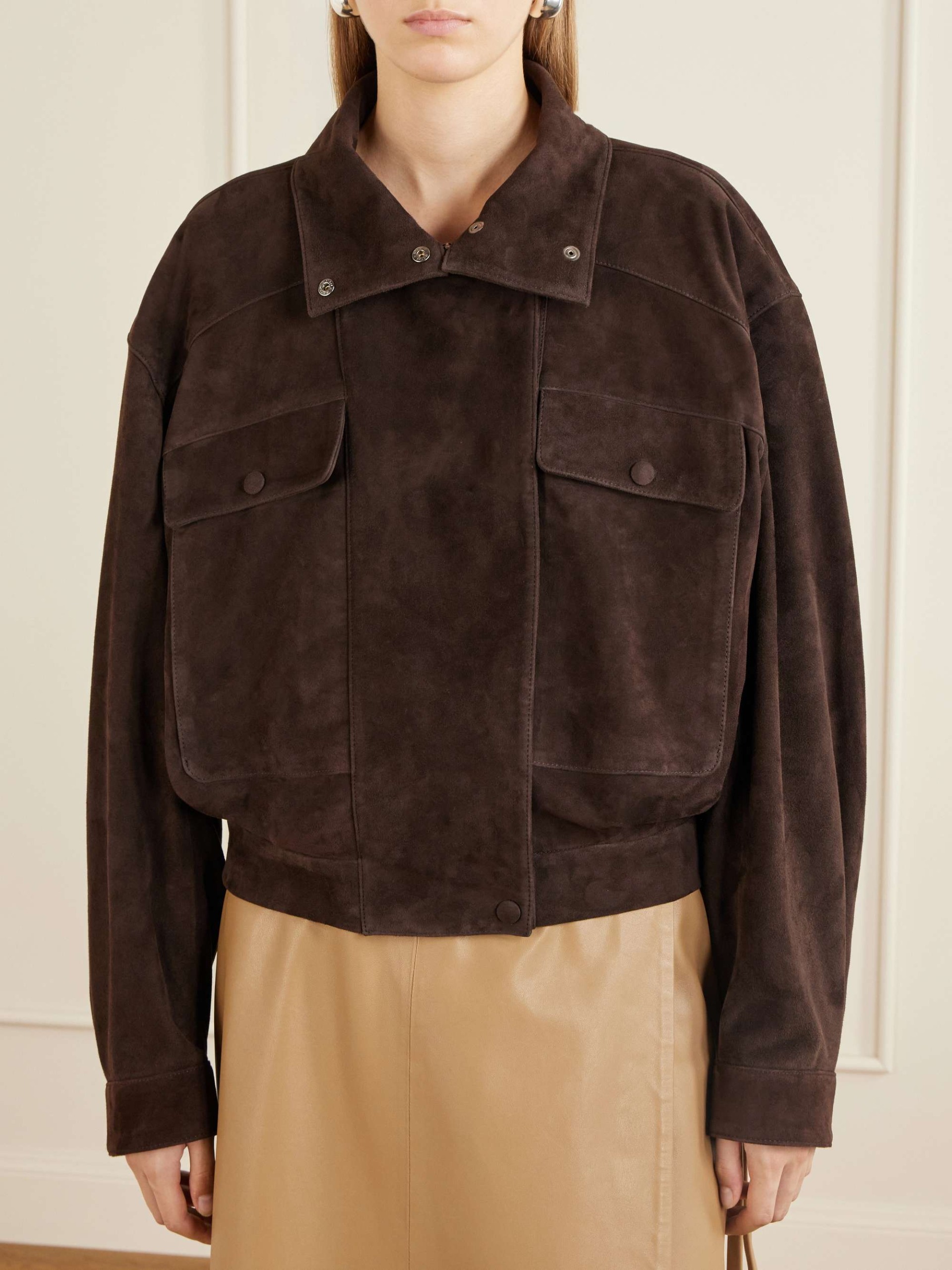 Quincy Cropped Paneled Suede Bomber Jacket