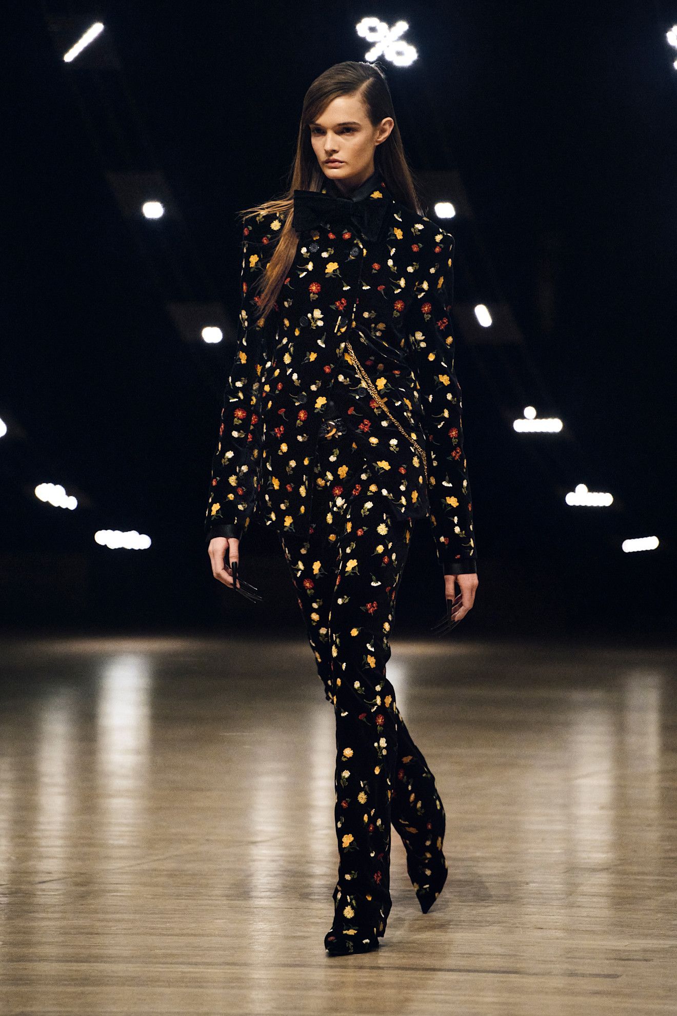 Khaite fall/winter 2026 model wearing moody floral-print clothing.