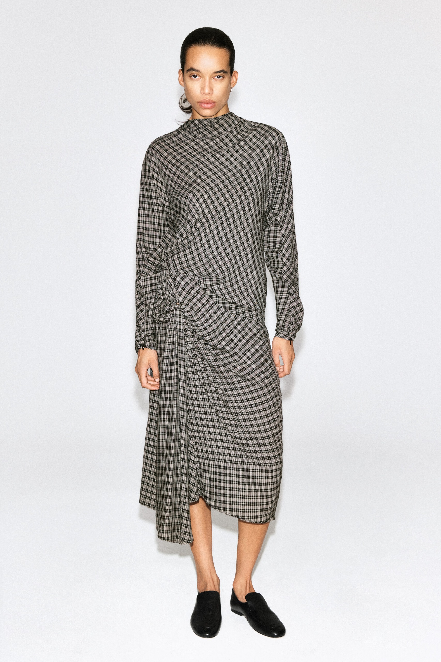 Draped Checked Midi Skirt