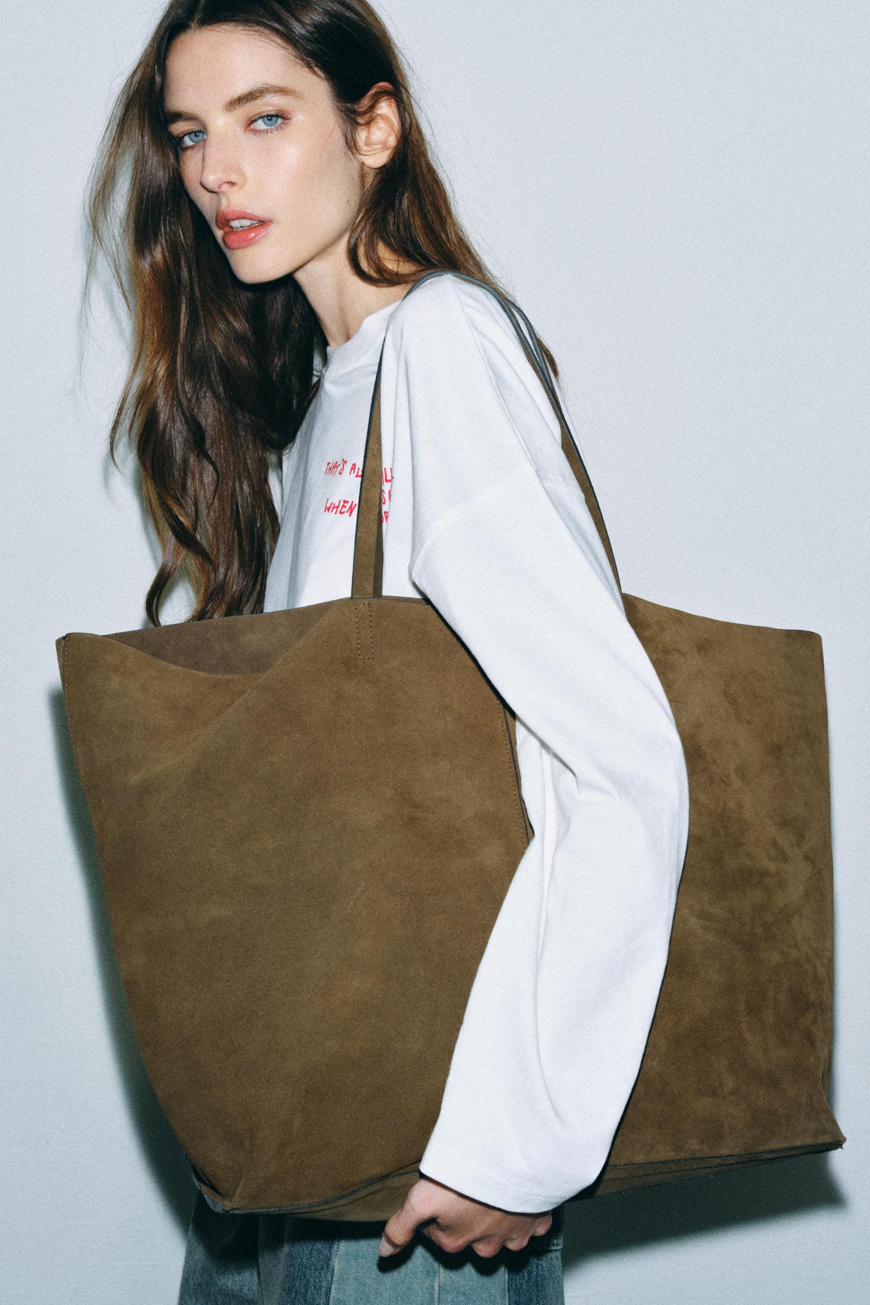 Maxi Split Suede Tote Bag - Khaki Green - One Size Only