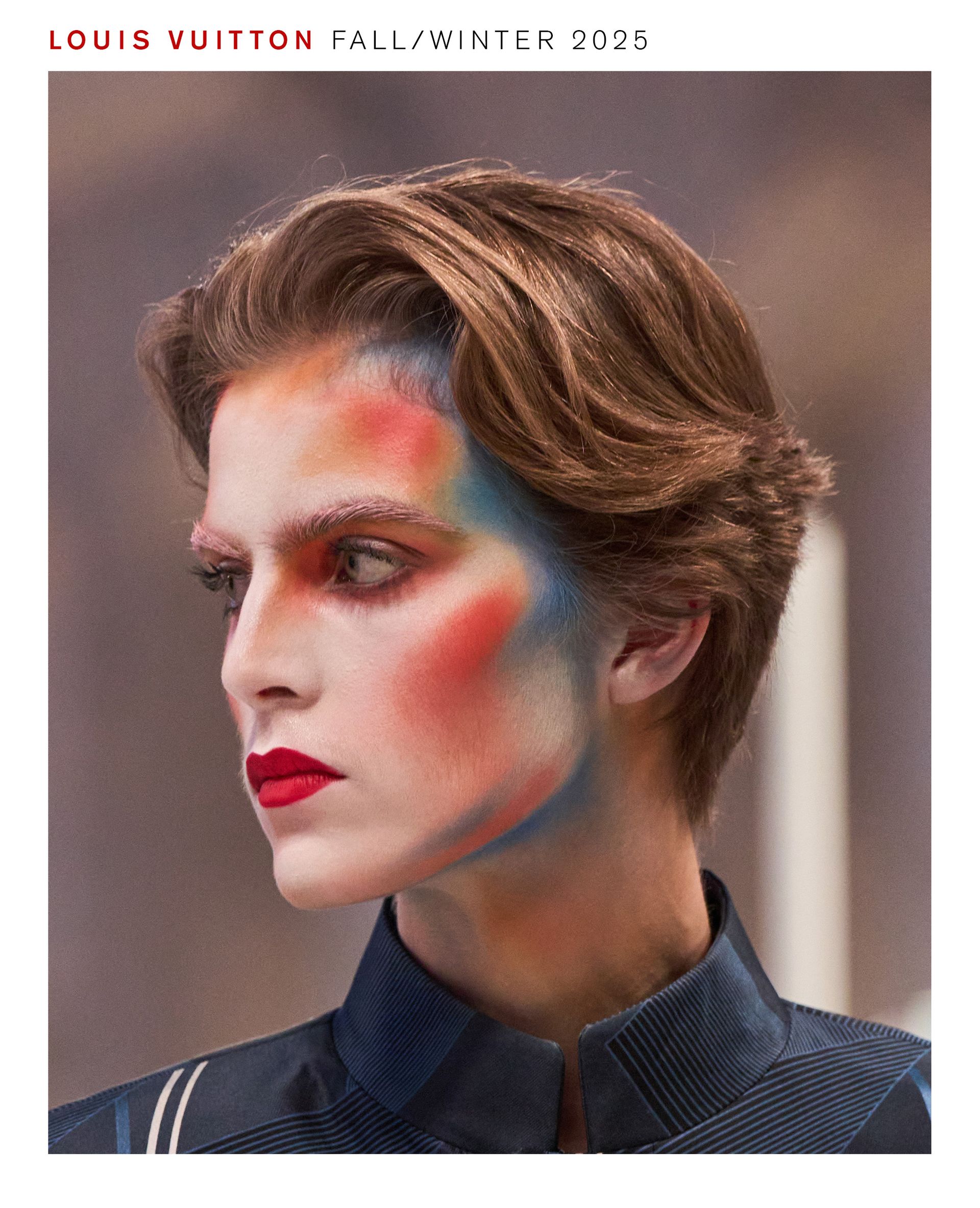 Model wearing Pat McGrath makeup look for  Louis Vuitton fall/winter 2025 show.