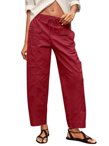 Fisoew Womens 100% Cotton Cargo Pants Drawstring Elastic Waist Casual Hiking Work Pants With Multiple Pockets Burgundy